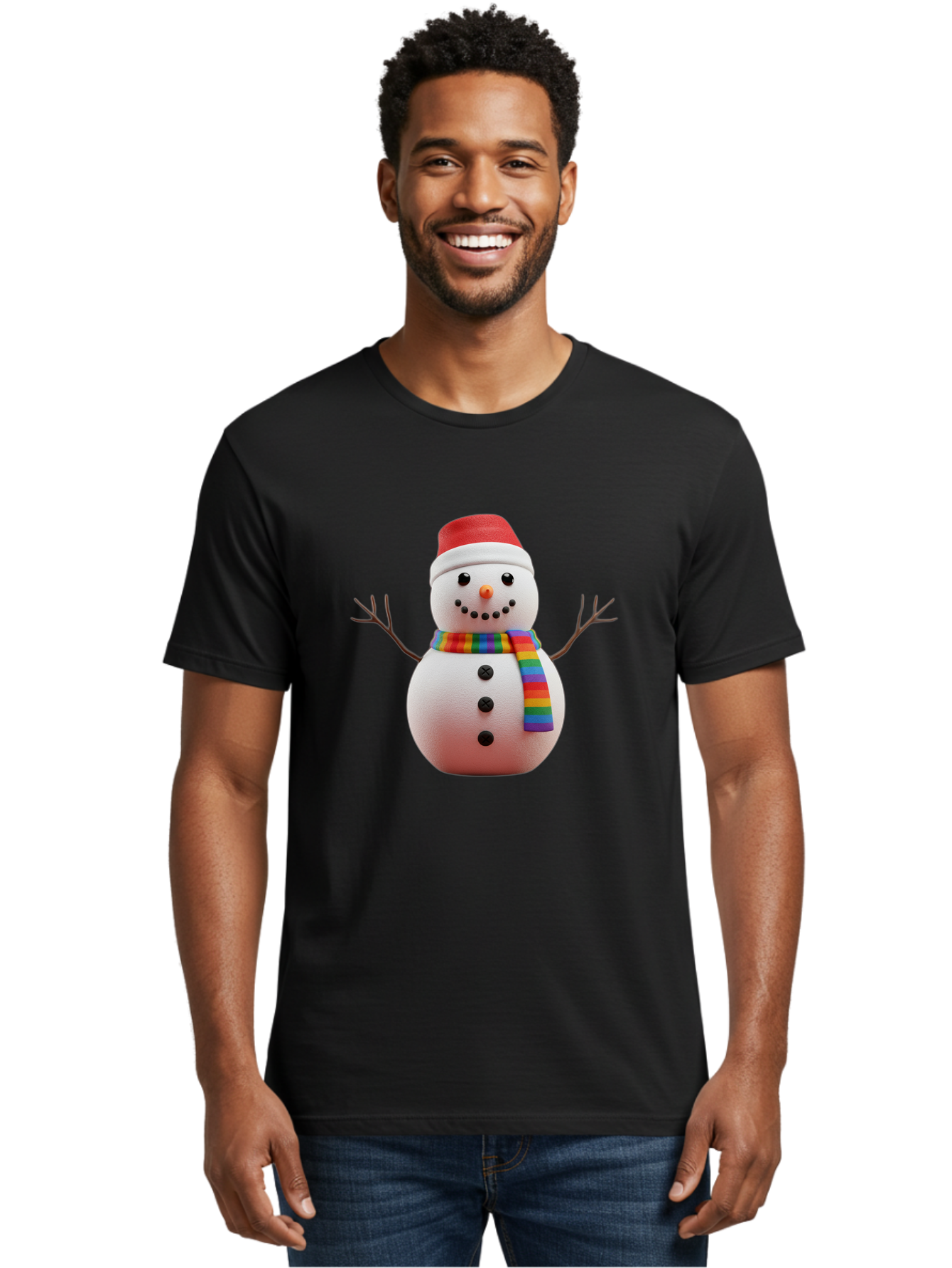 Snowman-2 Men'S Graphic Tee, 100% Cotton, Comfortable Casual Summer Wear, Machine Washable, Snowman With Rainbow Scarf, Christmas Decoration, Winter Wonderland, Festive Character, Holiday Cheer, Colorful Snowman, Winter Scene, Fun Snowman, Bac438 23