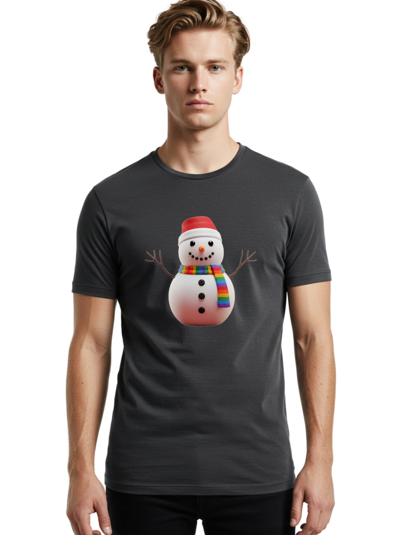 Snowman-2 Men'S Graphic Tee, 100% Cotton, Comfortable Casual Summer Wear, Machine Washable, Snowman With Rainbow Scarf, Christmas Decoration, Winter Wonderland, Festive Character, Holiday Cheer, Colorful Snowman, Winter Scene, Fun Snowman, Bac438 28