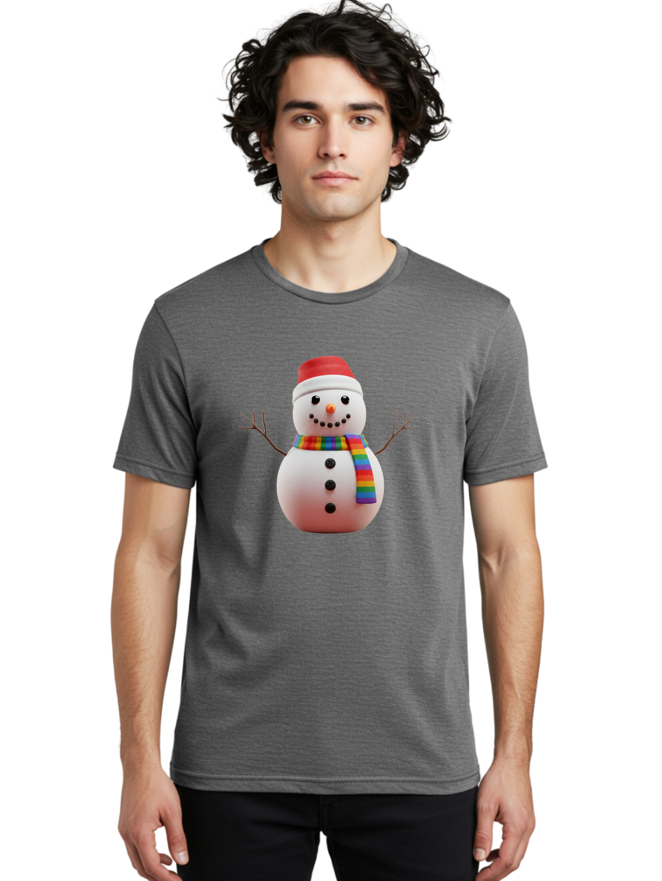 Snowman-2 Men'S Graphic Tee, 100% Cotton, Comfortable Casual Summer Wear, Machine Washable, Snowman With Rainbow Scarf, Christmas Decoration, Winter Wonderland, Festive Character, Holiday Cheer, Colorful Snowman, Winter Scene, Fun Snowman, Bac438 16