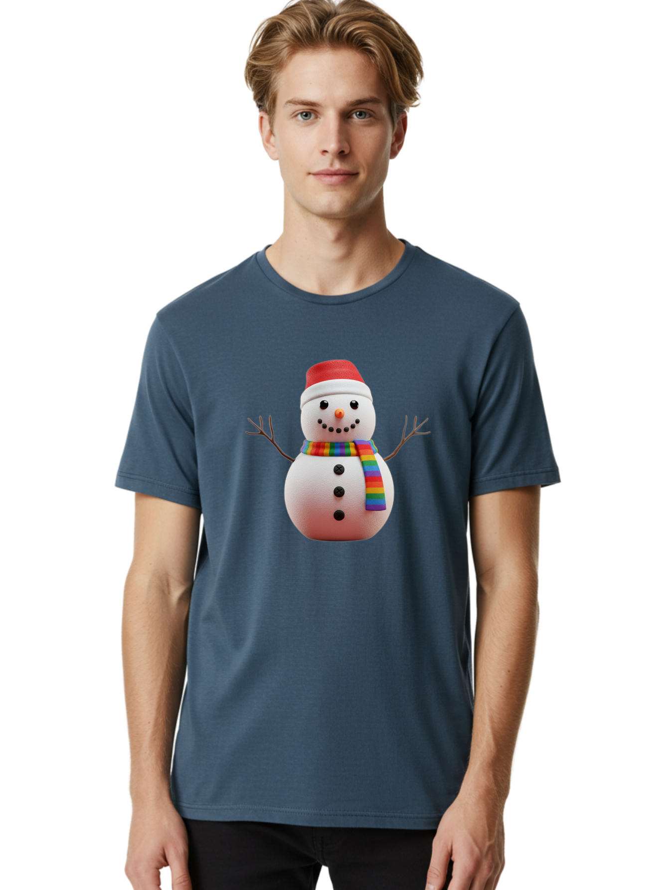 Snowman-2 Men'S Graphic Tee, 100% Cotton, Comfortable Casual Summer Wear, Machine Washable, Snowman With Rainbow Scarf, Christmas Decoration, Winter Wonderland, Festive Character, Holiday Cheer, Colorful Snowman, Winter Scene, Fun Snowman, Bac438 17