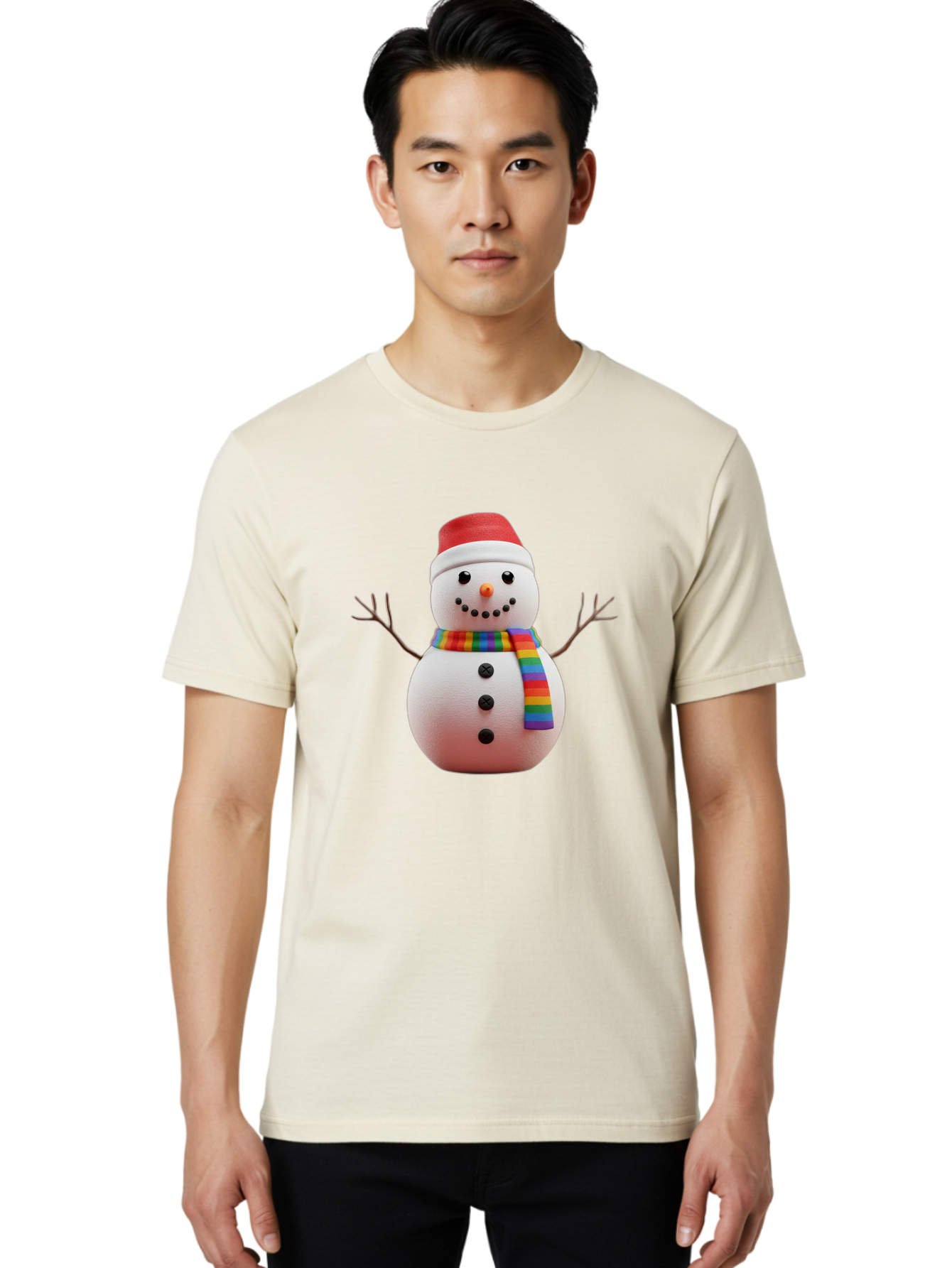 Snowman-2 Men'S Graphic Tee, 100% Cotton, Comfortable Casual Summer Wear, Machine Washable, Snowman With Rainbow Scarf, Christmas Decoration, Winter Wonderland, Festive Character, Holiday Cheer, Colorful Snowman, Winter Scene, Fun Snowman, Bac438 22