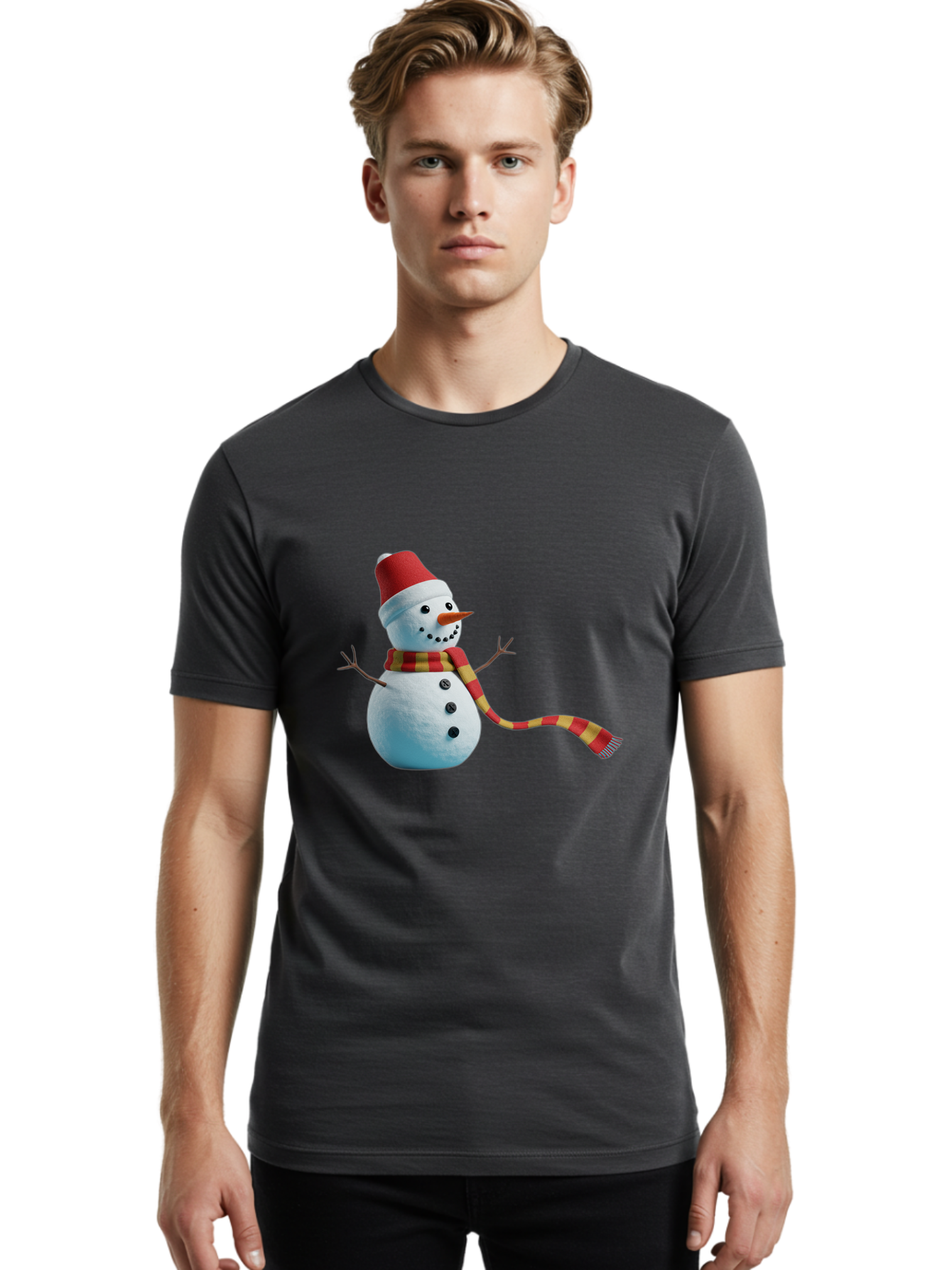 Snowman-6 Men'S Graphic Tee, 100% Cotton, Comfortable Casual Summer Wear, Machine Washable, Snowman Wearing Red Hat, Red And Yellow Scarf, Black Buttons, Carrot Nose, Festive Winter Decor, Holiday Character, Christmas Theme, Winter Wonderland, Bac442 24