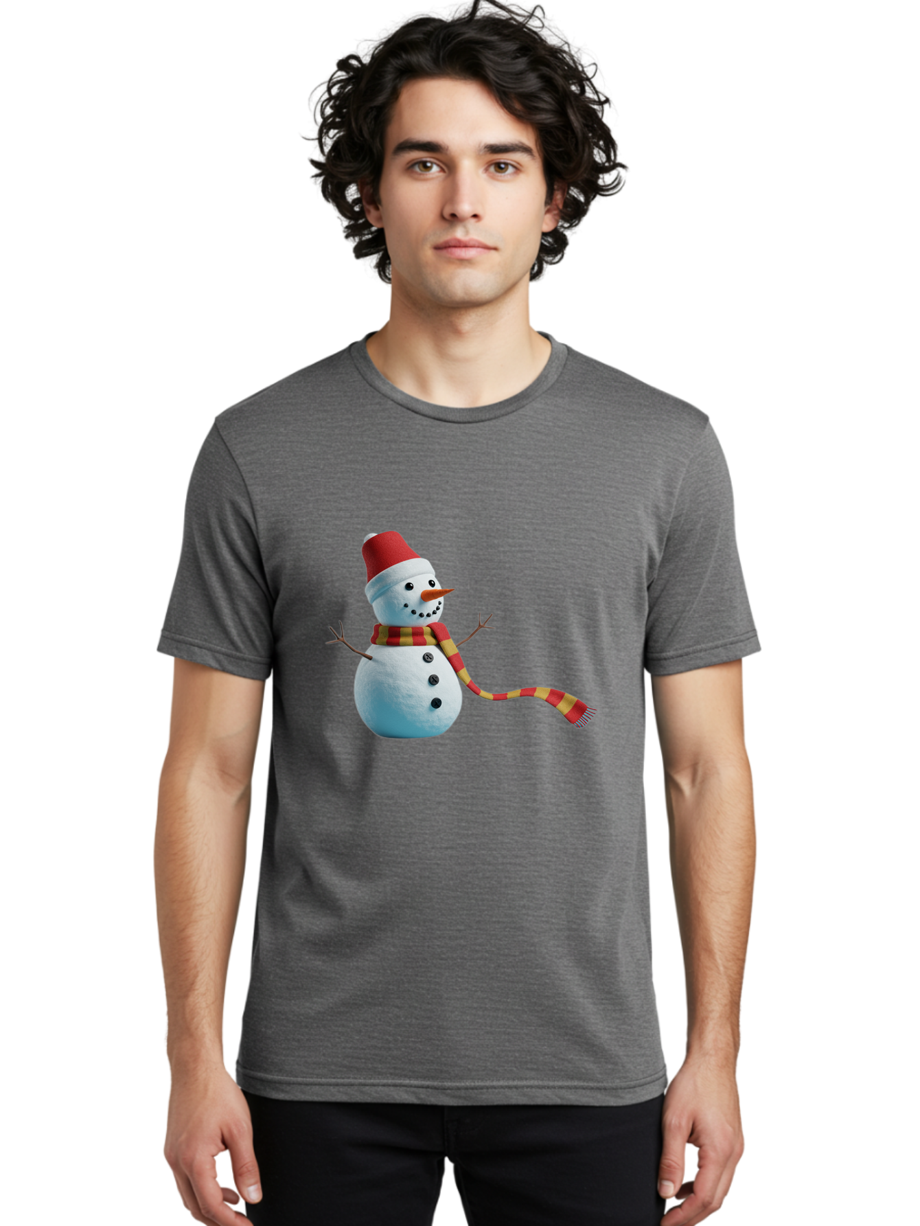 Snowman-6 Men'S Graphic Tee, 100% Cotton, Comfortable Casual Summer Wear, Machine Washable, Snowman Wearing Red Hat, Red And Yellow Scarf, Black Buttons, Carrot Nose, Festive Winter Decor, Holiday Character, Christmas Theme, Winter Wonderland, Bac442 19