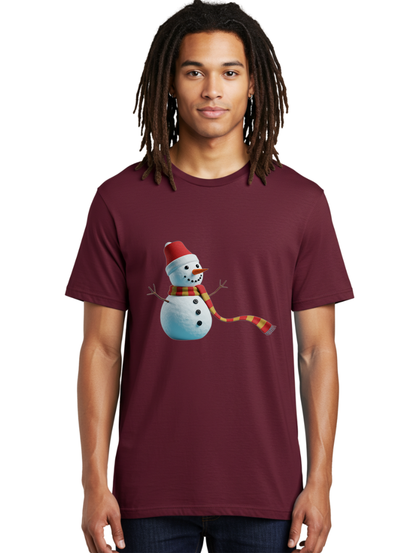 Snowman-6 Men'S Graphic Tee, 100% Cotton, Comfortable Casual Summer Wear, Machine Washable, Snowman Wearing Red Hat, Red And Yellow Scarf, Black Buttons, Carrot Nose, Festive Winter Decor, Holiday Character, Christmas Theme, Winter Wonderland, Bac442 28
