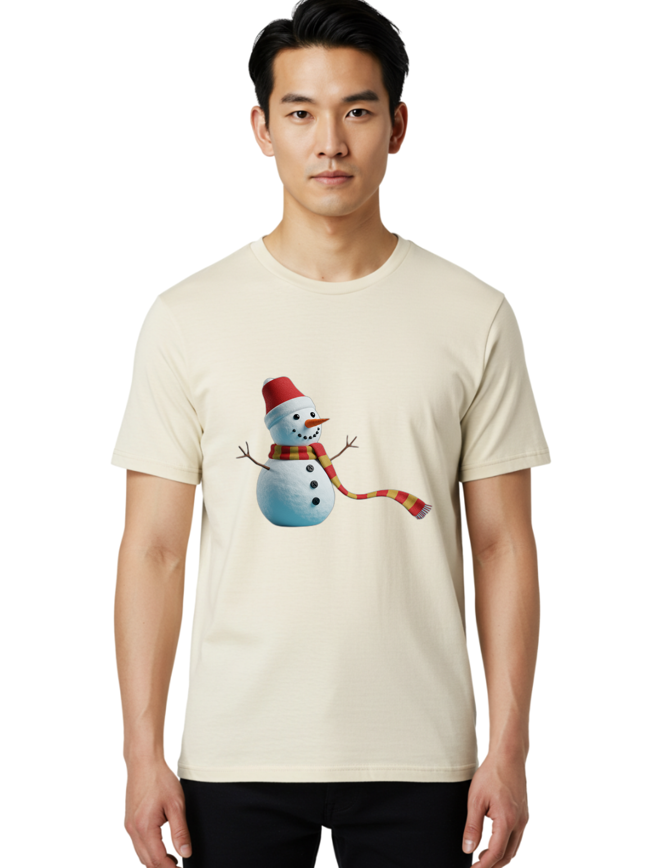 Snowman-6 Men'S Graphic Tee, 100% Cotton, Comfortable Casual Summer Wear, Machine Washable, Snowman Wearing Red Hat, Red And Yellow Scarf, Black Buttons, Carrot Nose, Festive Winter Decor, Holiday Character, Christmas Theme, Winter Wonderland, Bac442 29