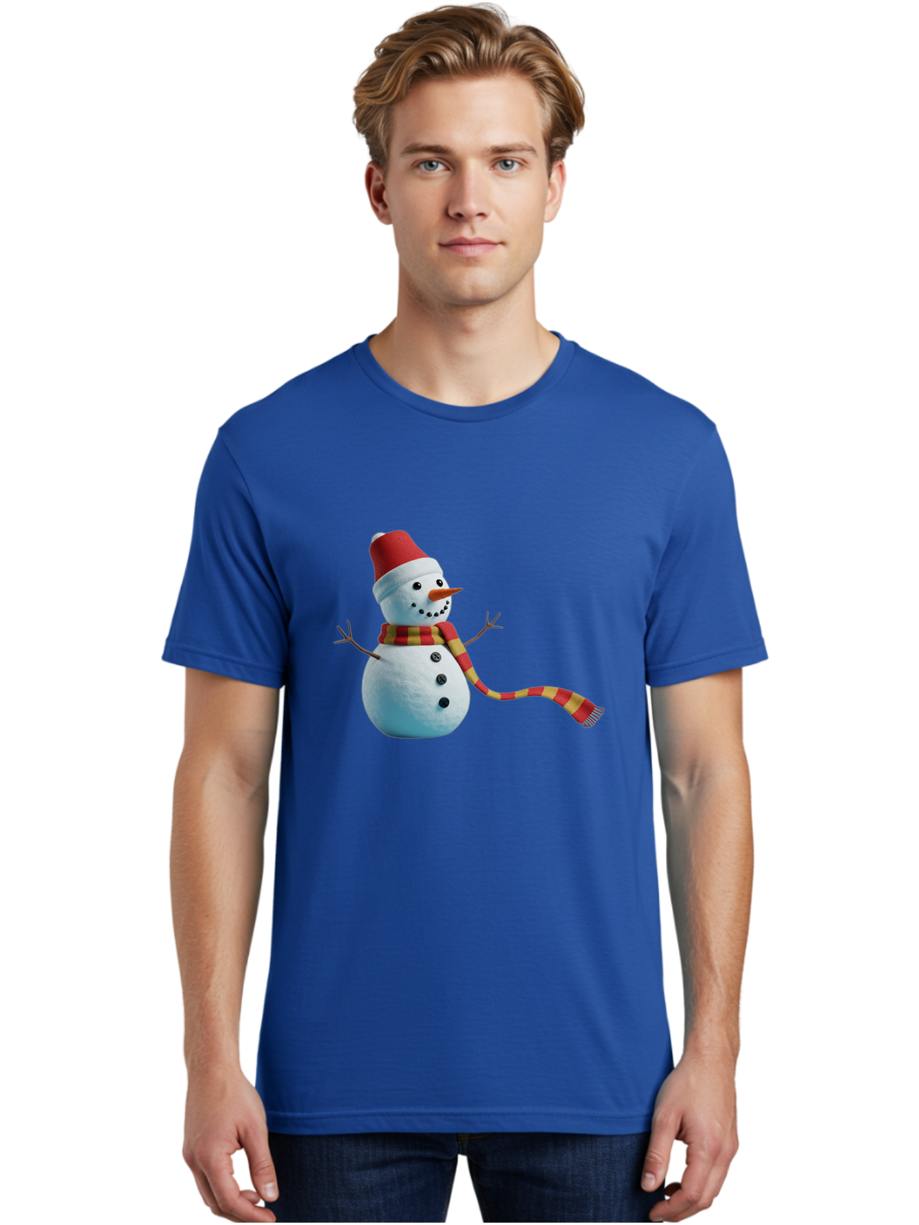 Snowman-6 Men'S Graphic Tee, 100% Cotton, Comfortable Casual Summer Wear, Machine Washable, Snowman Wearing Red Hat, Red And Yellow Scarf, Black Buttons, Carrot Nose, Festive Winter Decor, Holiday Character, Christmas Theme, Winter Wonderland, Bac442 18