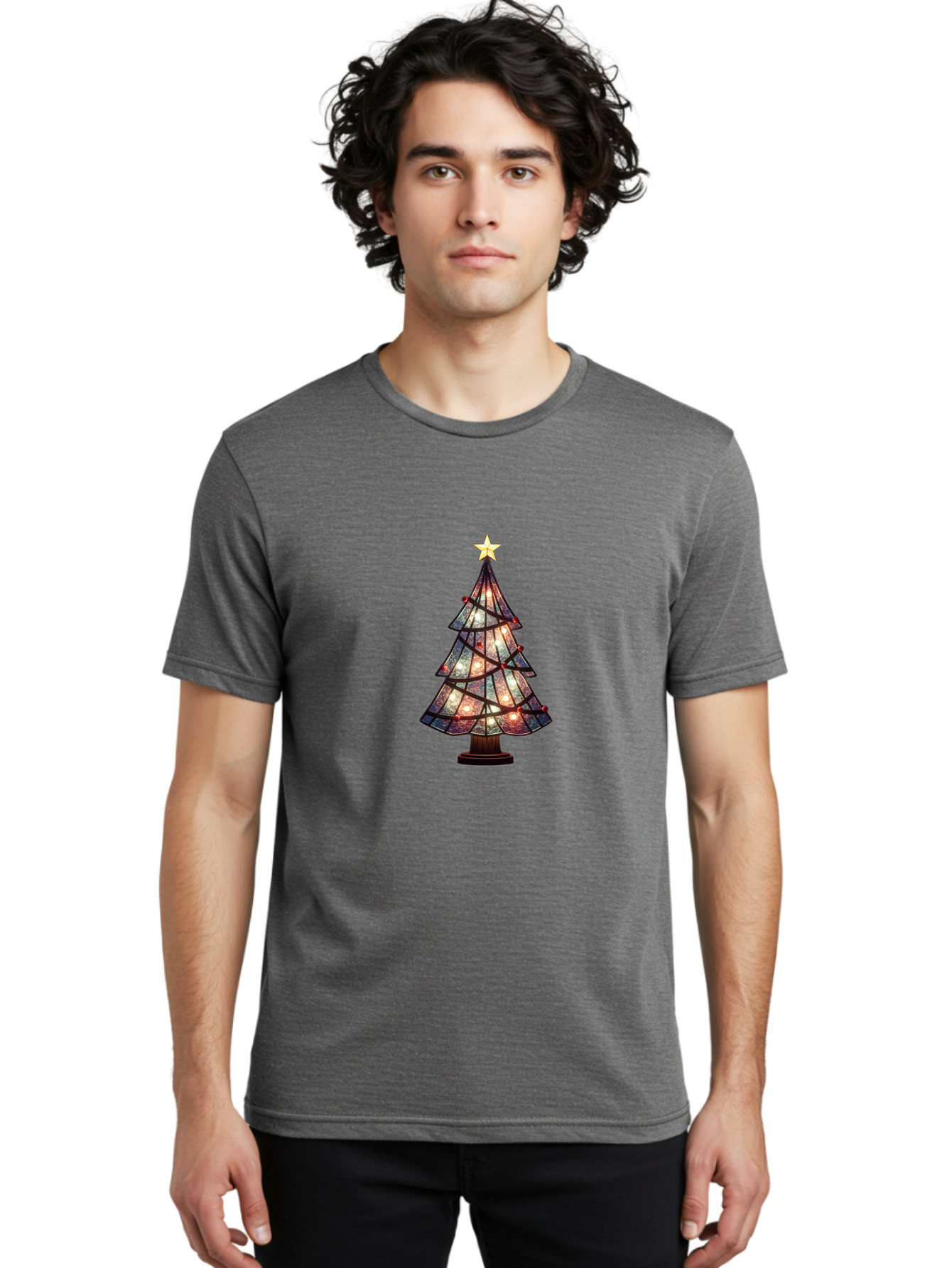 Stained-Glass-Christmas-Tree Men'S Graphic Tee, 100% Cotton, Comfortable Casual Summer Wear, Machine Washable, Stained Glass, Christmas Tree, Festive Decor, Holiday Decoration, Christmas Lights, Star Topper, Holiday Ambiance, Colorful Tree, Bac447 27