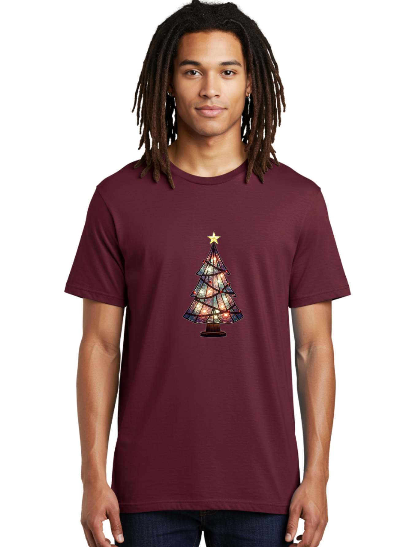 Stained-Glass-Christmas-Tree Men'S Graphic Tee, 100% Cotton, Comfortable Casual Summer Wear, Machine Washable, Stained Glass, Christmas Tree, Festive Decor, Holiday Decoration, Christmas Lights, Star Topper, Holiday Ambiance, Colorful Tree, Bac447 28