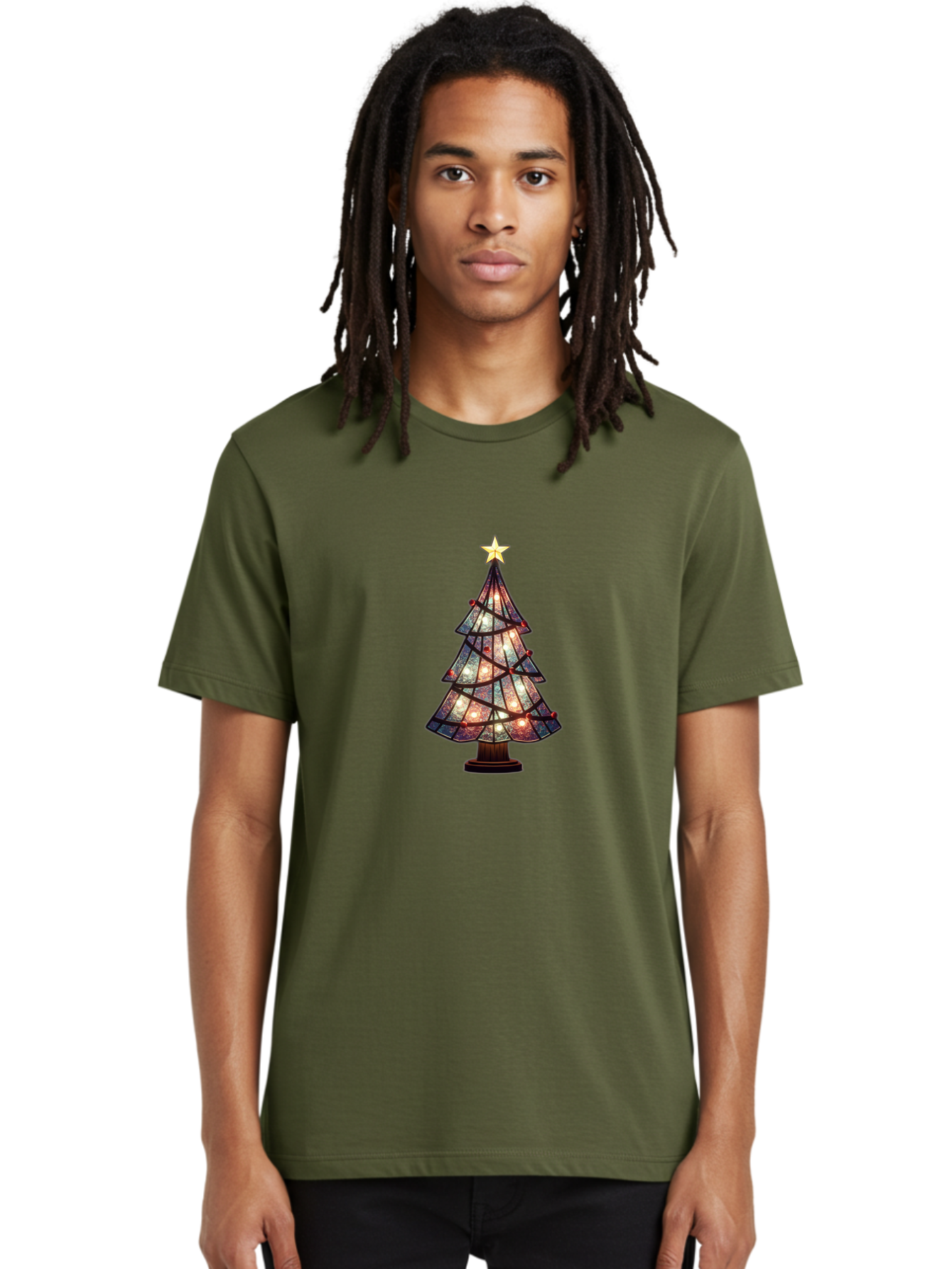 Stained-Glass-Christmas-Tree Men'S Graphic Tee, 100% Cotton, Comfortable Casual Summer Wear, Machine Washable, Stained Glass, Christmas Tree, Festive Decor, Holiday Decoration, Christmas Lights, Star Topper, Holiday Ambiance, Colorful Tree, Bac447 22