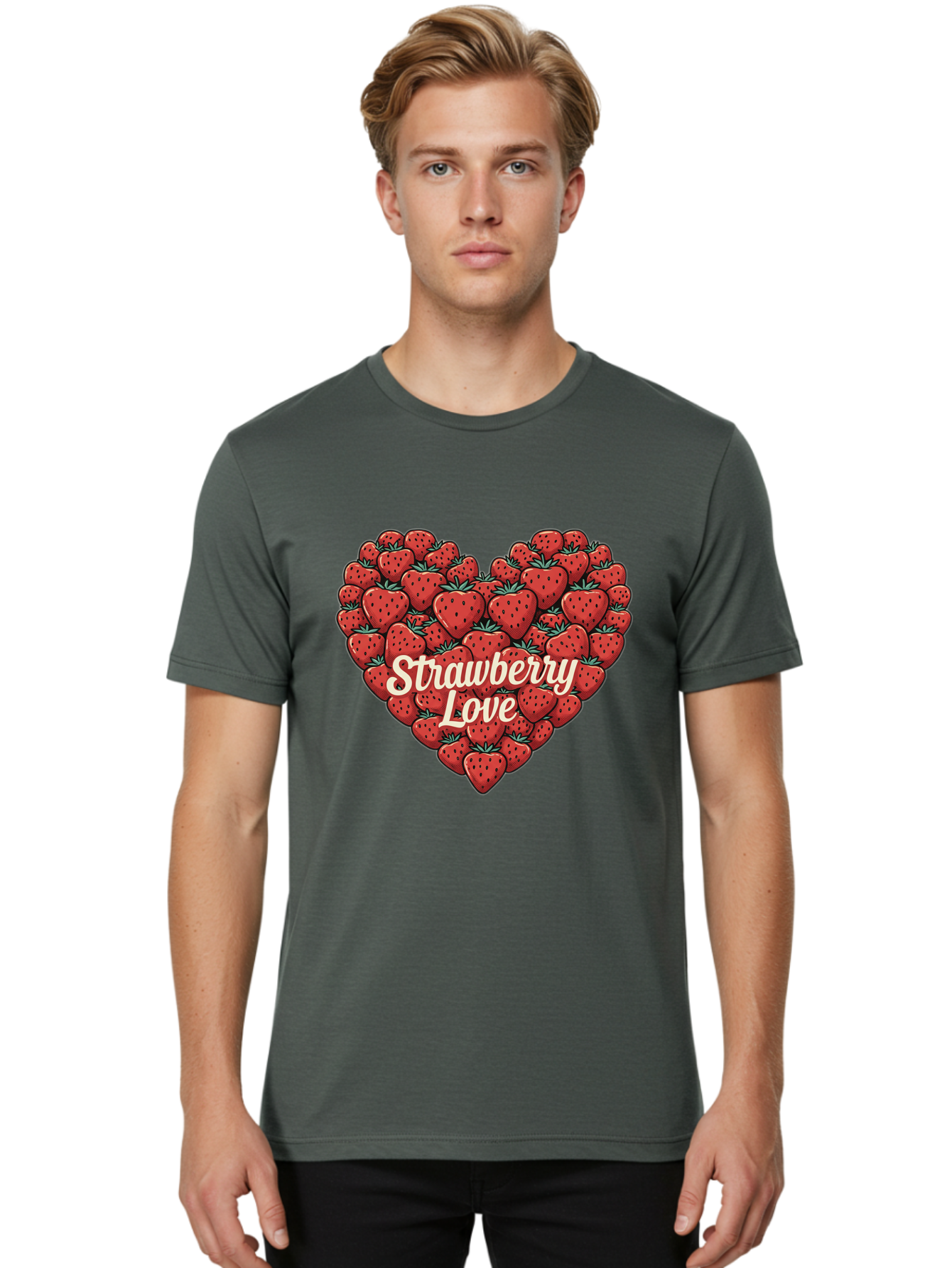 Strawberry-Love Men'S Graphic Tee, 100% Cotton, Comfortable Casual Summer Wear, Machine Washable, Strawberry Heart, Fruit Love, Red Strawberries, Sweet Treats, Tasty Fruits, Summer Fruits, Heart-Shaped Strawberries, Strawberry Graphics Bac479 29