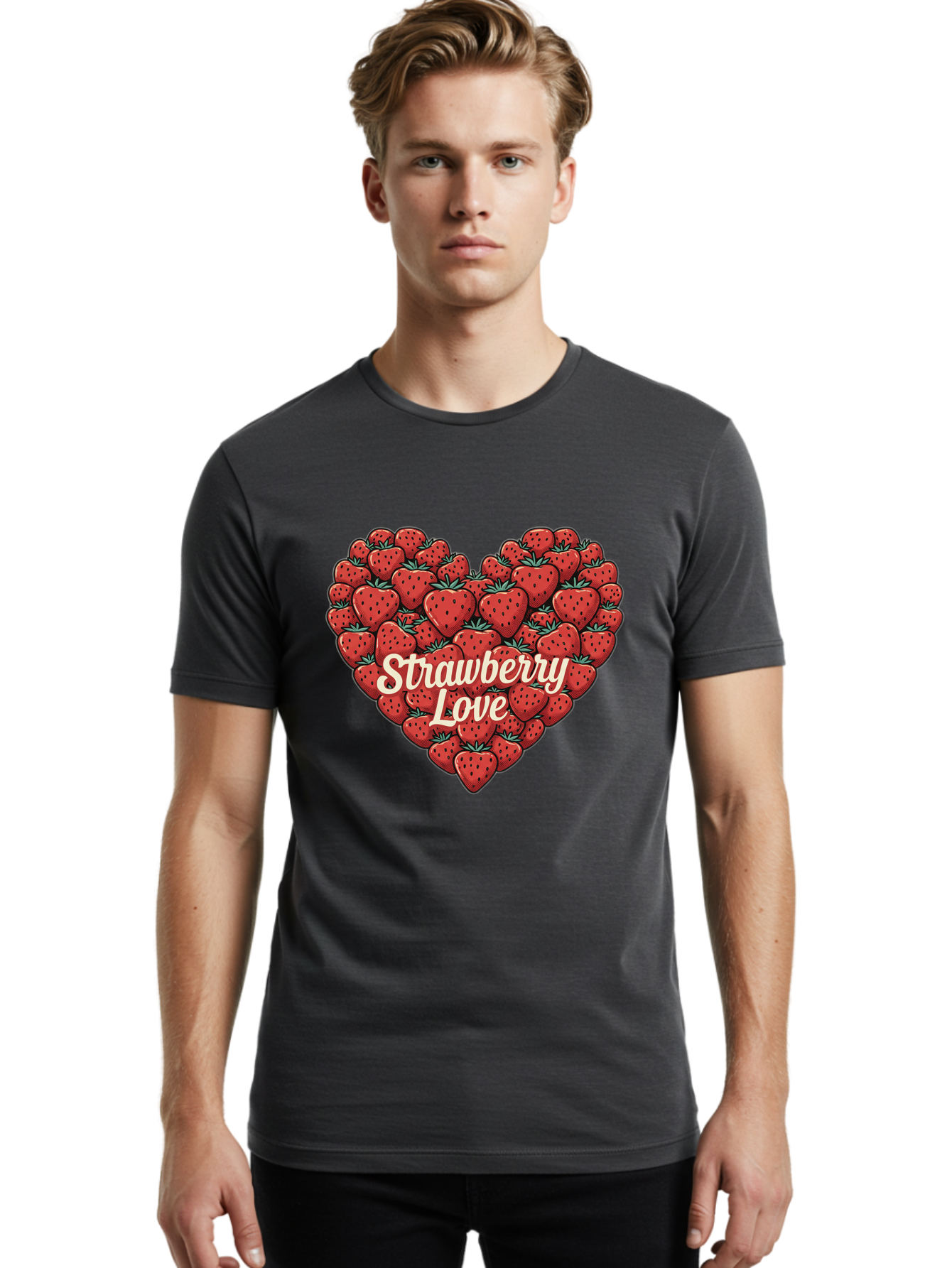 Strawberry-Love Men'S Graphic Tee, 100% Cotton, Comfortable Casual Summer Wear, Machine Washable, Strawberry Heart, Fruit Love, Red Strawberries, Sweet Treats, Tasty Fruits, Summer Fruits, Heart-Shaped Strawberries, Strawberry Graphics Bac479 19