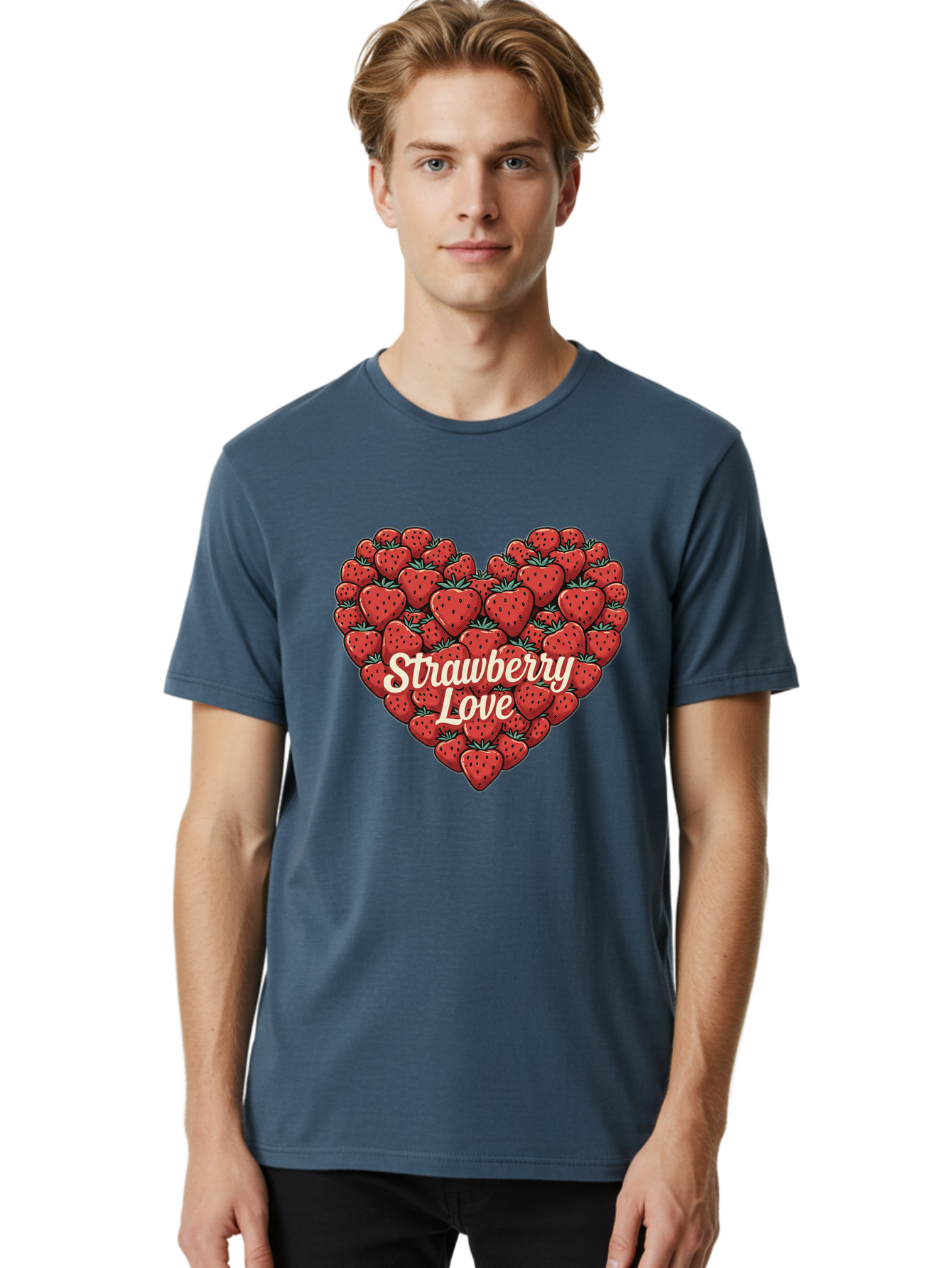 Strawberry-Love Men'S Graphic Tee, 100% Cotton, Comfortable Casual Summer Wear, Machine Washable, Strawberry Heart, Fruit Love, Red Strawberries, Sweet Treats, Tasty Fruits, Summer Fruits, Heart-Shaped Strawberries, Strawberry Graphics Bac479 18