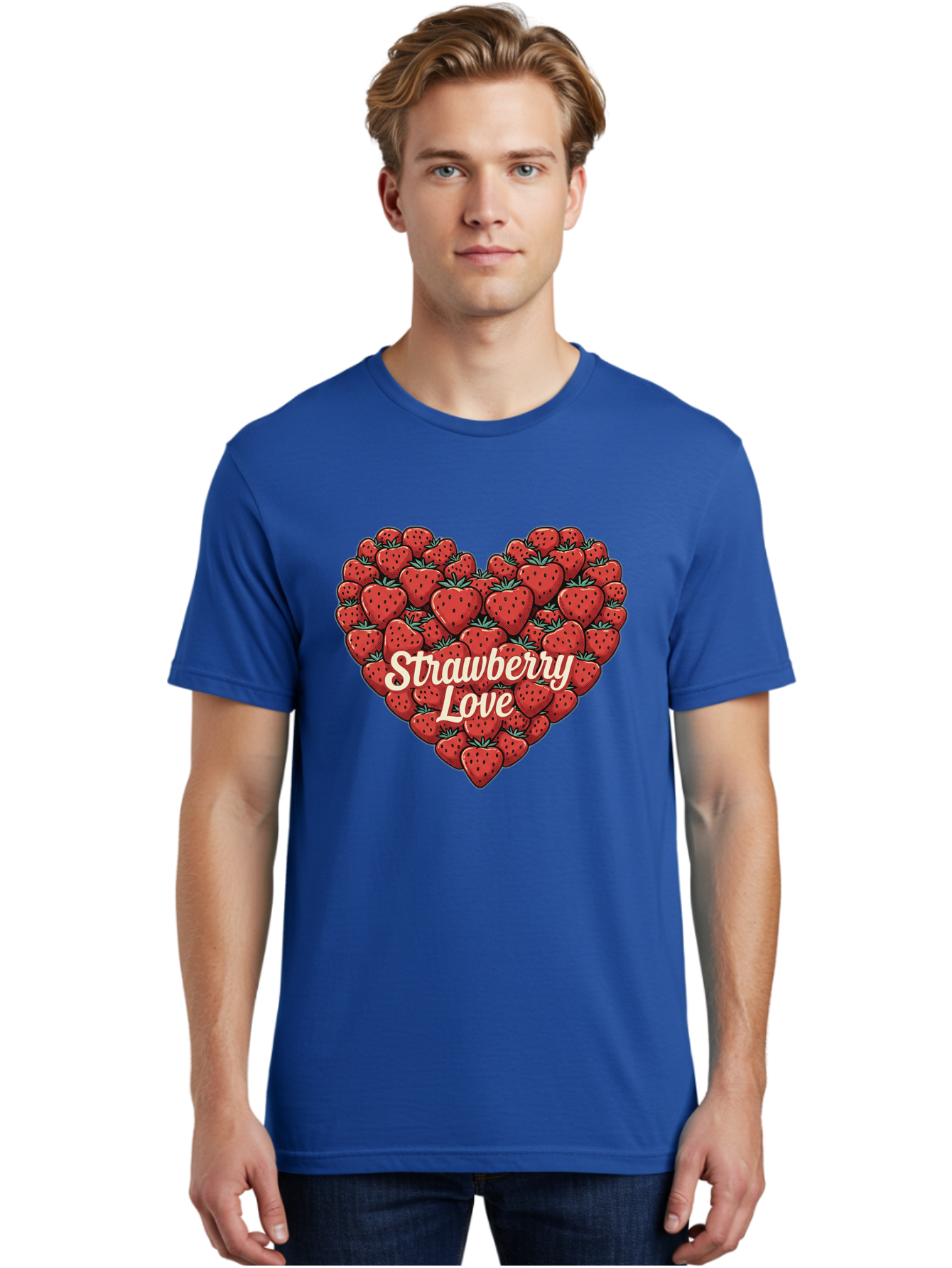 Strawberry-Love Men'S Graphic Tee, 100% Cotton, Comfortable Casual Summer Wear, Machine Washable, Strawberry Heart, Fruit Love, Red Strawberries, Sweet Treats, Tasty Fruits, Summer Fruits, Heart-Shaped Strawberries, Strawberry Graphics Bac479 30