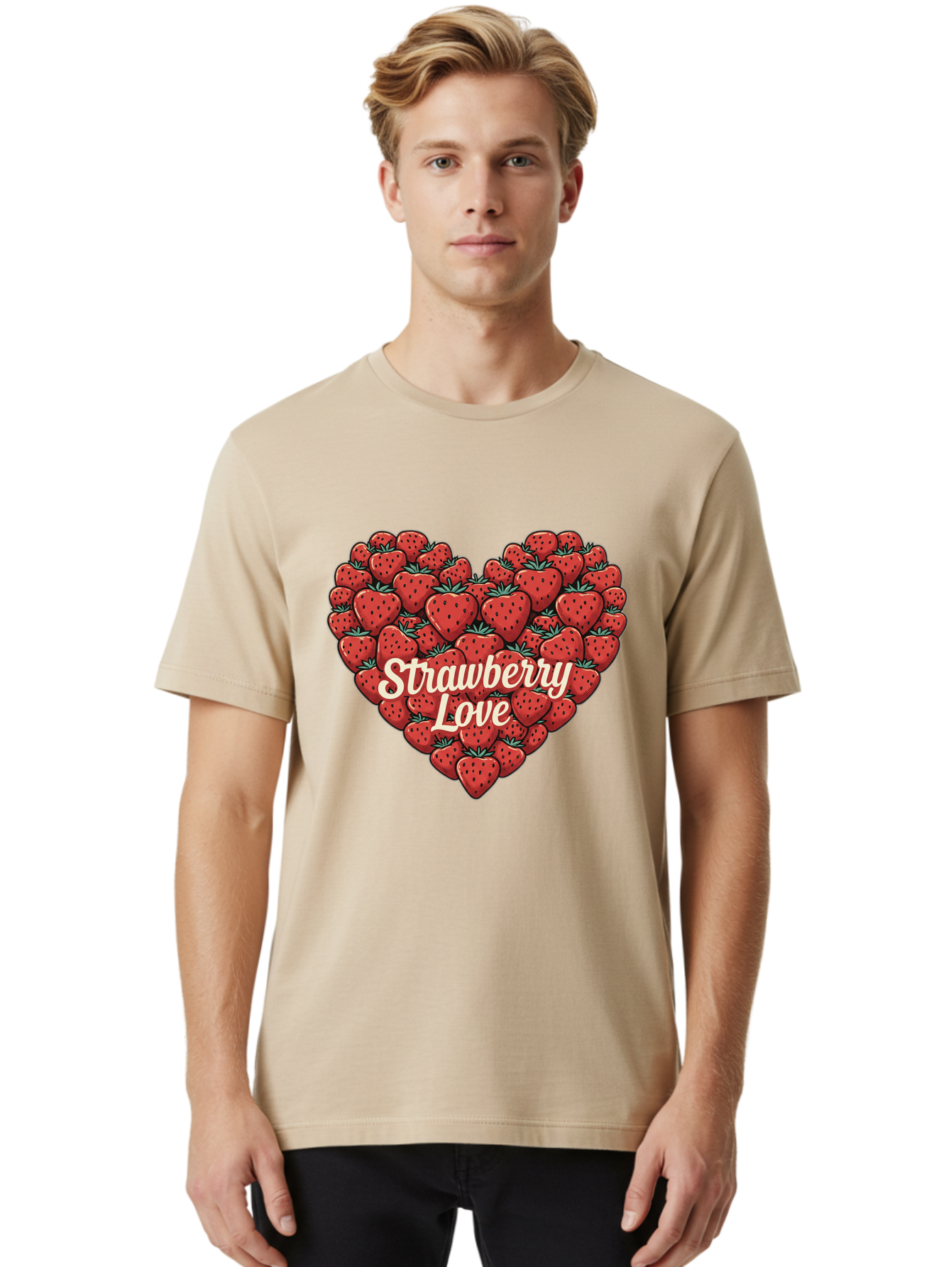 Strawberry-Love Men'S Graphic Tee, 100% Cotton, Comfortable Casual Summer Wear, Machine Washable, Strawberry Heart, Fruit Love, Red Strawberries, Sweet Treats, Tasty Fruits, Summer Fruits, Heart-Shaped Strawberries, Strawberry Graphics Bac479 26