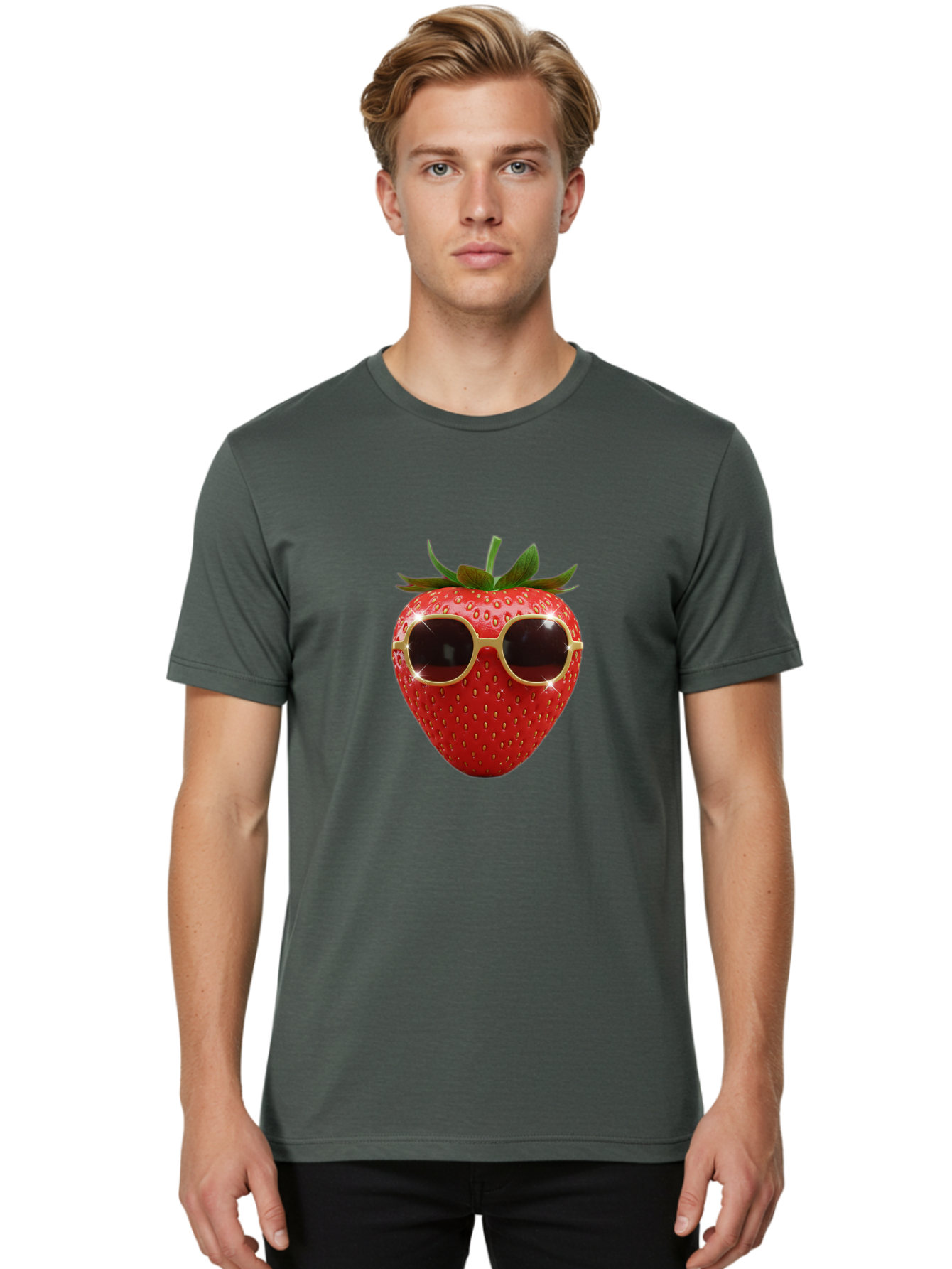 Strawberry-Sunglasses-2 Men'S Graphic Tee, 100% Cotton, Comfortable Casual Summer Wear, Machine Washable, Strawberry Wearing Sunglasses, Funny Fruit, Quirky Character, Red Strawberries, Cool Shades, Fresh Produce, Playful Vibe, Summer Fun Bac487 17