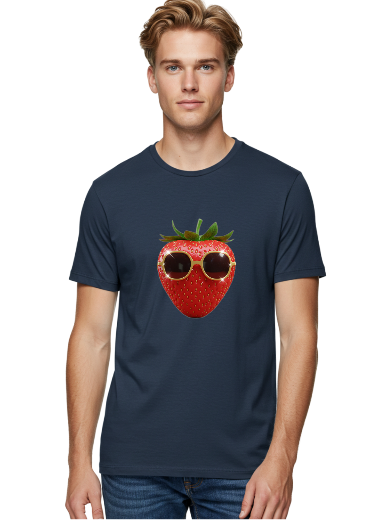 Strawberry-Sunglasses-2 Men'S Graphic Tee, 100% Cotton, Comfortable Casual Summer Wear, Machine Washable, Strawberry Wearing Sunglasses, Funny Fruit, Quirky Character, Red Strawberries, Cool Shades, Fresh Produce, Playful Vibe, Summer Fun Bac487 25