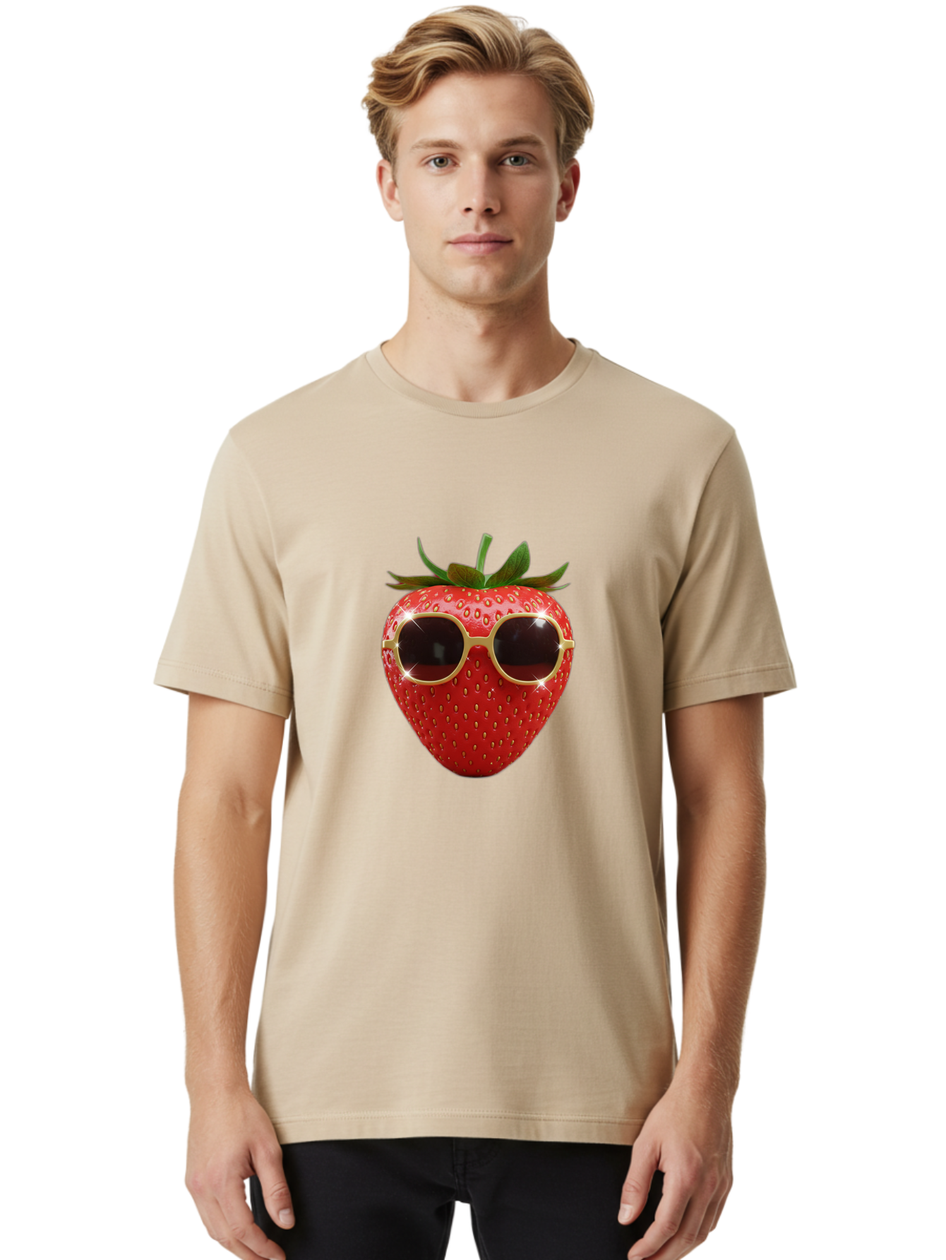 Strawberry-Sunglasses-2 Men'S Graphic Tee, 100% Cotton, Comfortable Casual Summer Wear, Machine Washable, Strawberry Wearing Sunglasses, Funny Fruit, Quirky Character, Red Strawberries, Cool Shades, Fresh Produce, Playful Vibe, Summer Fun Bac487 19