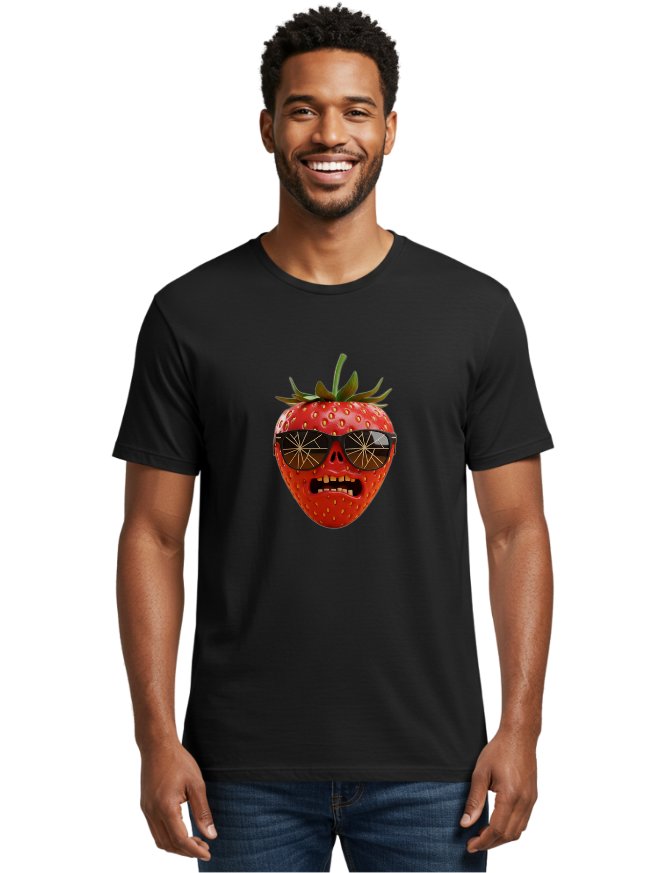 Strawberry-With-Sunglasses Men'S Graphic Tee, 100% Cotton, Comfortable Casual Summer Wear, Machine Washable, Strawberry With Sunglasses, Skull Face, Gold Teeth, Futuristic Design, Funky Fruit, Quirky Art, Pop Culture, Funny Character, Bac494 29