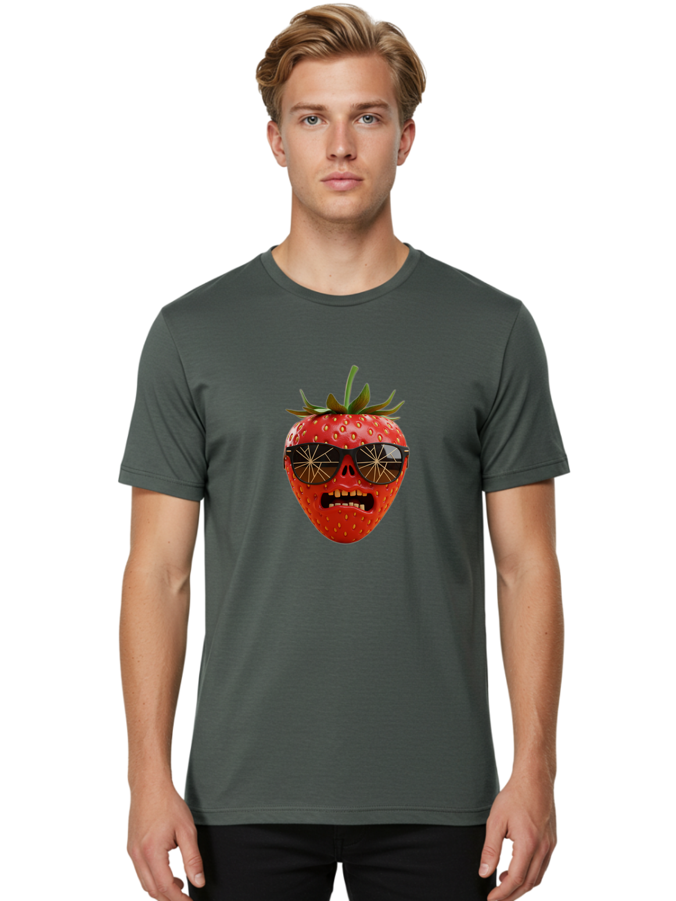 Strawberry-With-Sunglasses Men'S Graphic Tee, 100% Cotton, Comfortable Casual Summer Wear, Machine Washable, Strawberry With Sunglasses, Skull Face, Gold Teeth, Futuristic Design, Funky Fruit, Quirky Art, Pop Culture, Funny Character, Bac494 25