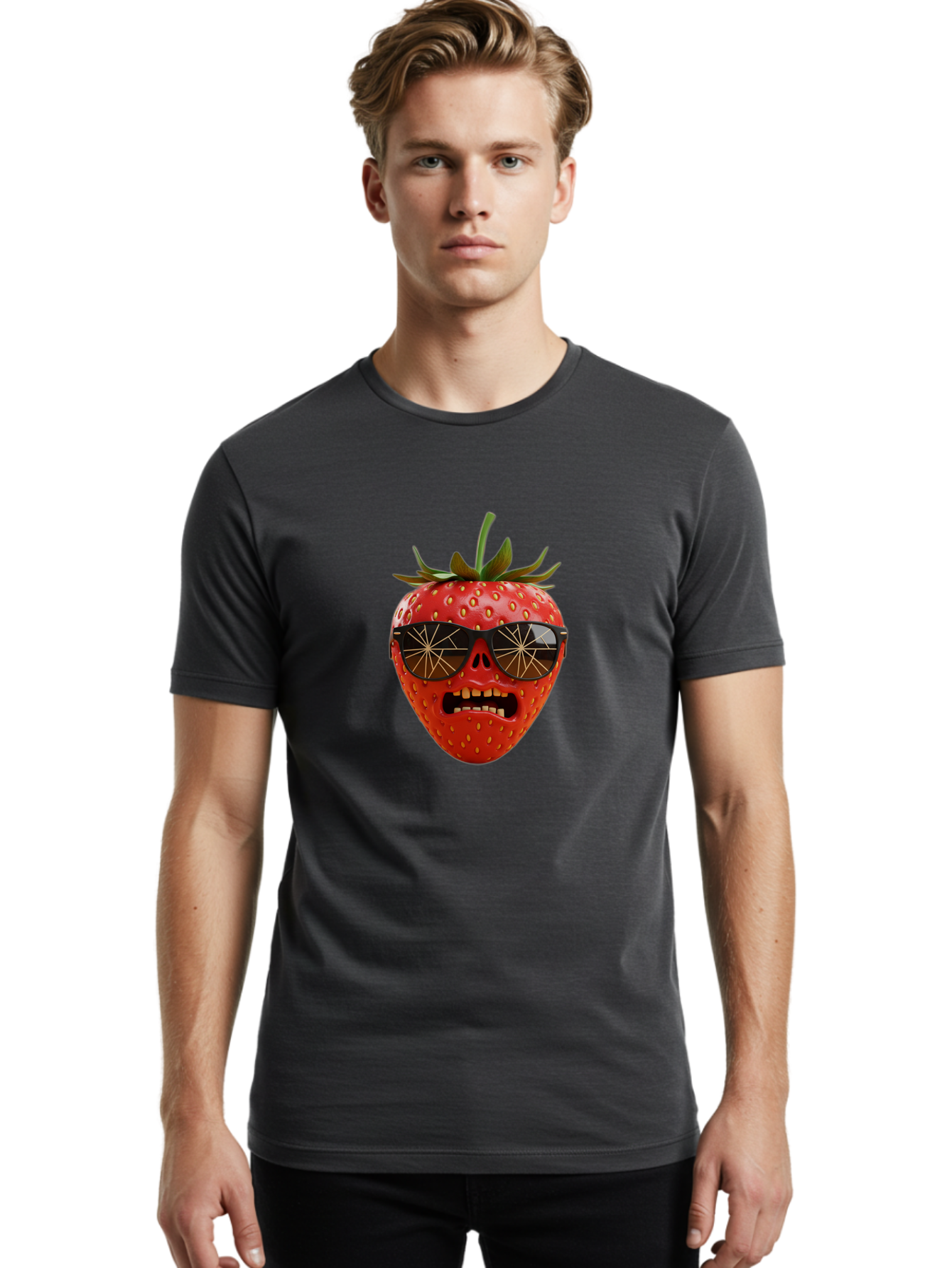 Strawberry-With-Sunglasses Men'S Graphic Tee, 100% Cotton, Comfortable Casual Summer Wear, Machine Washable, Strawberry With Sunglasses, Skull Face, Gold Teeth, Futuristic Design, Funky Fruit, Quirky Art, Pop Culture, Funny Character, Bac494 27
