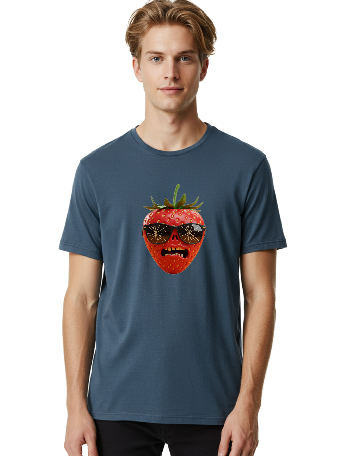 Strawberry-With-Sunglasses Men'S Graphic Tee, 100% Cotton, Comfortable Casual Summer Wear, Machine Washable, Strawberry With Sunglasses, Skull Face, Gold Teeth, Futuristic Design, Funky Fruit, Quirky Art, Pop Culture, Funny Character, Bac494 16