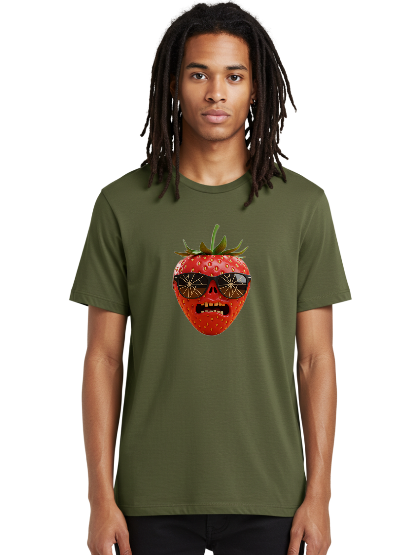 Strawberry-With-Sunglasses Men'S Graphic Tee, 100% Cotton, Comfortable Casual Summer Wear, Machine Washable, Strawberry With Sunglasses, Skull Face, Gold Teeth, Futuristic Design, Funky Fruit, Quirky Art, Pop Culture, Funny Character, Bac494 21