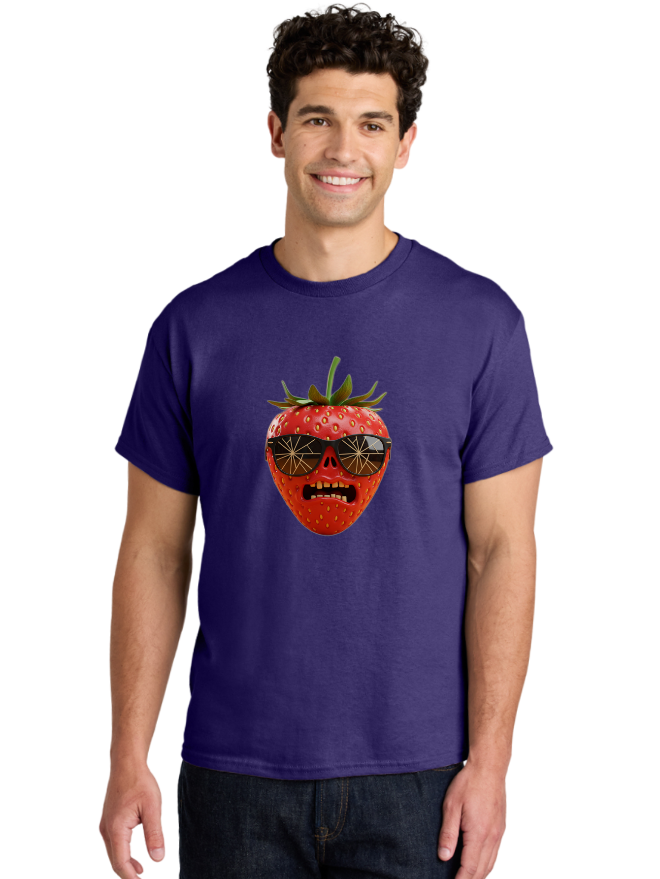 Strawberry-With-Sunglasses Men'S Graphic Tee, 100% Cotton, Comfortable Casual Summer Wear, Machine Washable, Strawberry With Sunglasses, Skull Face, Gold Teeth, Futuristic Design, Funky Fruit, Quirky Art, Pop Culture, Funny Character, Bac494 24