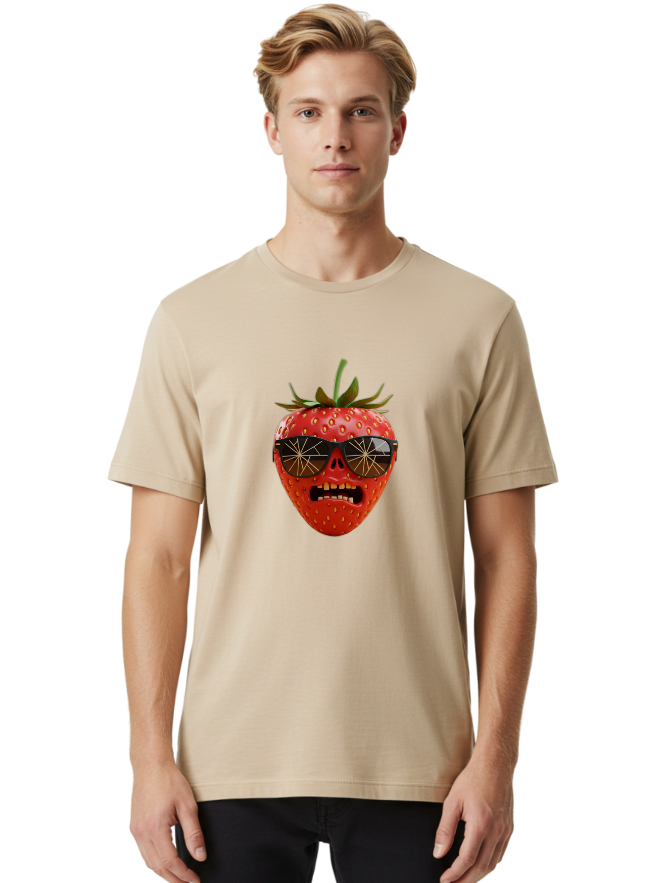 Strawberry-With-Sunglasses Men'S Graphic Tee, 100% Cotton, Comfortable Casual Summer Wear, Machine Washable, Strawberry With Sunglasses, Skull Face, Gold Teeth, Futuristic Design, Funky Fruit, Quirky Art, Pop Culture, Funny Character, Bac494 28