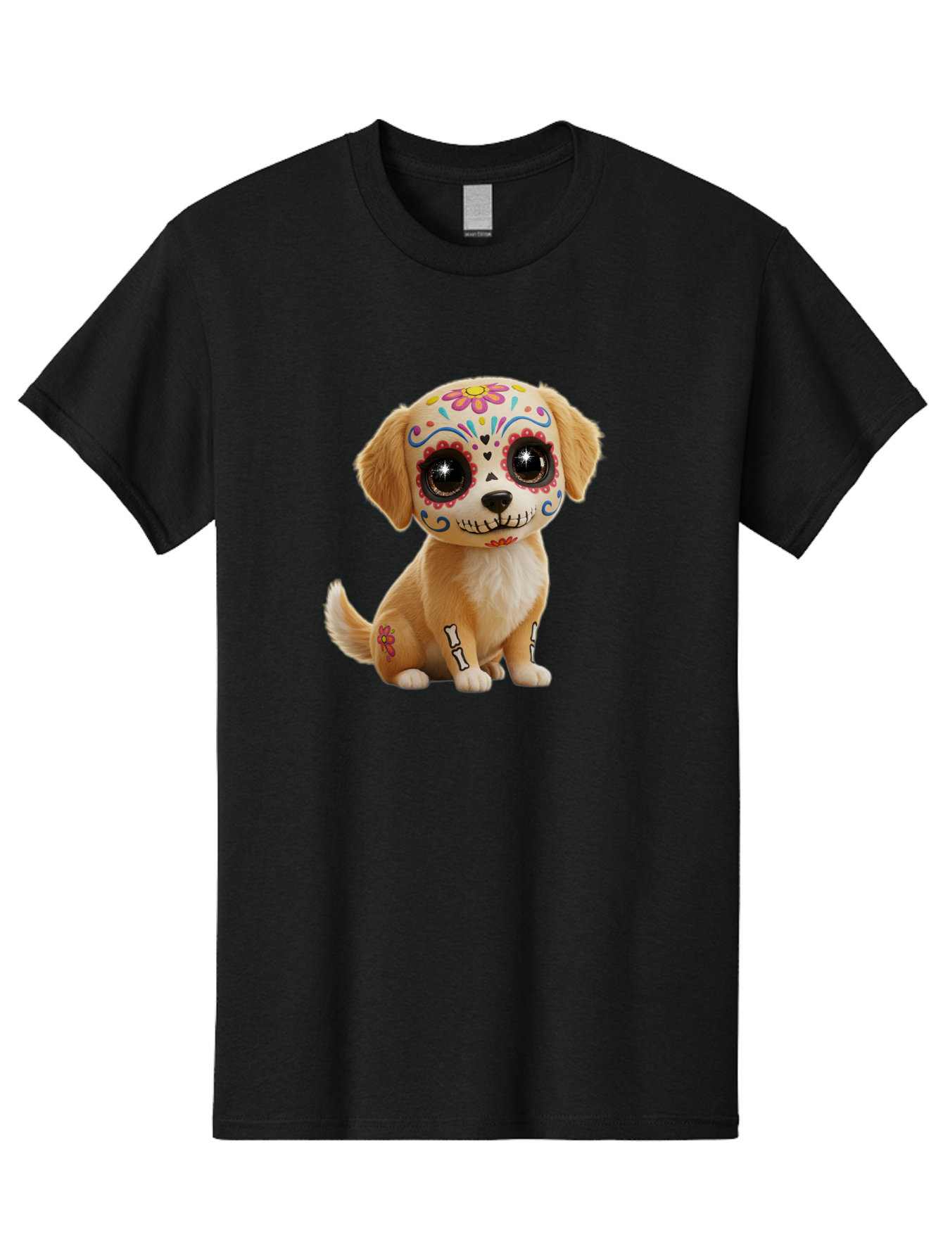 Sugar-Skull-Dog-1 Men'S Graphic Tee, 100% Cotton, Comfortable Casual Summer Wear, Machine Washable, Sugar Skull Dog, Day Of The Dead Puppy, Colorful Tattoos, Sparkly Eyes, Festive Design, Cute Animal, Decorative Art, Vibrant Patterns, Bac498 5
