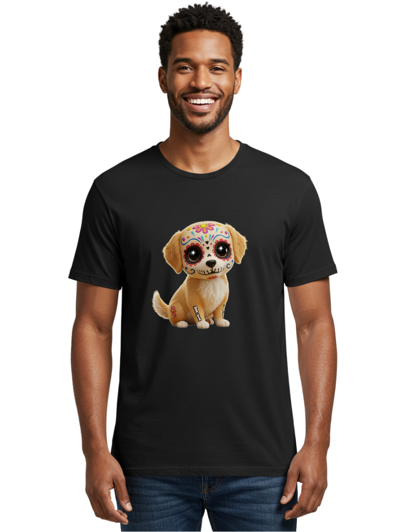 Sugar-Skull-Dog-1 Men'S Graphic Tee, 100% Cotton, Comfortable Casual Summer Wear, Machine Washable, Sugar Skull Dog, Day Of The Dead Puppy, Colorful Tattoos, Sparkly Eyes, Festive Design, Cute Animal, Decorative Art, Vibrant Patterns, Bac498 20
