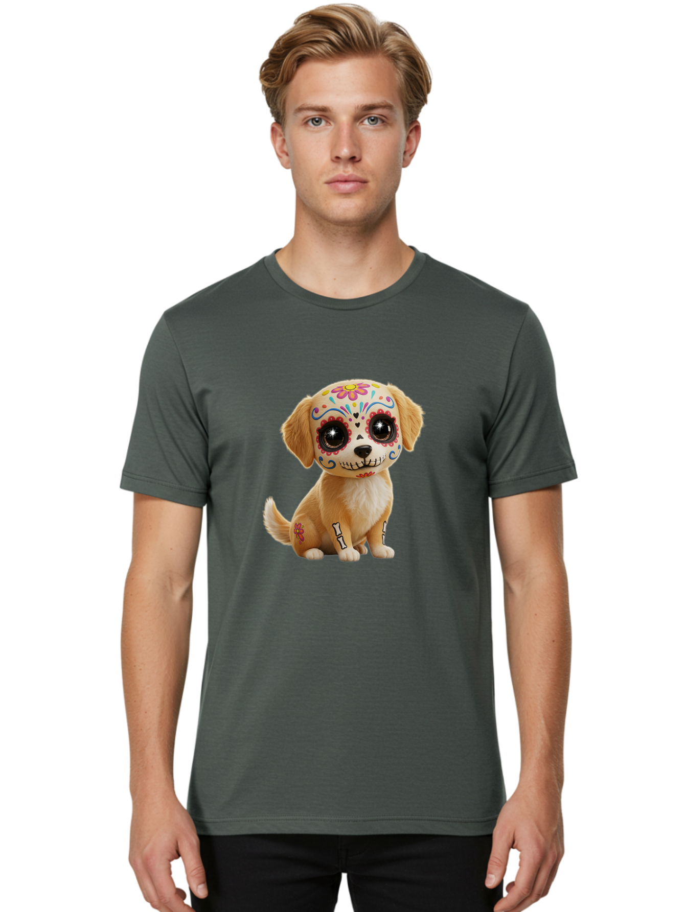Sugar-Skull-Dog-1 Men'S Graphic Tee, 100% Cotton, Comfortable Casual Summer Wear, Machine Washable, Sugar Skull Dog, Day Of The Dead Puppy, Colorful Tattoos, Sparkly Eyes, Festive Design, Cute Animal, Decorative Art, Vibrant Patterns, Bac498 21