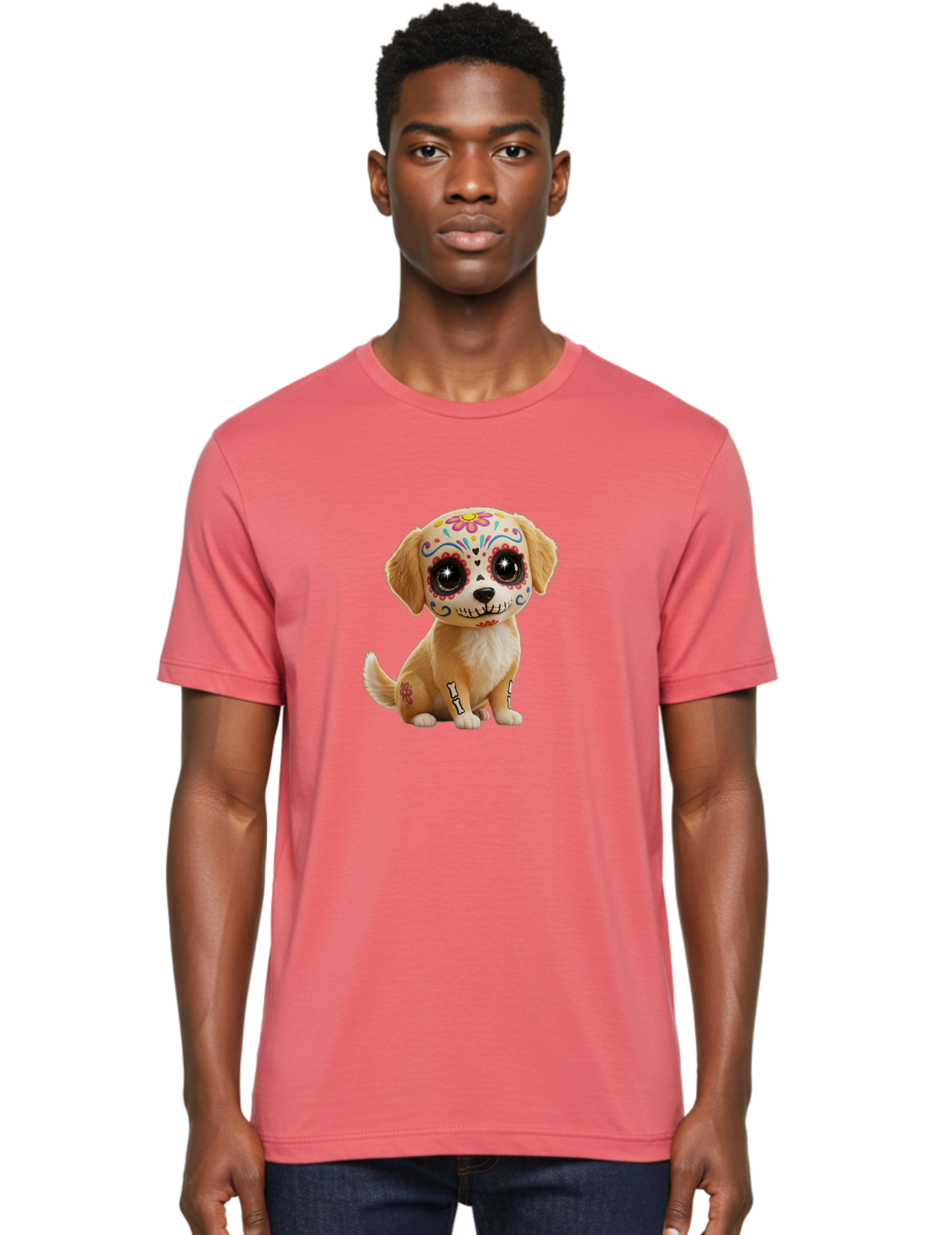 Sugar-Skull-Dog-1 Men'S Graphic Tee, 100% Cotton, Comfortable Casual Summer Wear, Machine Washable, Sugar Skull Dog, Day Of The Dead Puppy, Colorful Tattoos, Sparkly Eyes, Festive Design, Cute Animal, Decorative Art, Vibrant Patterns, Bac498 24
