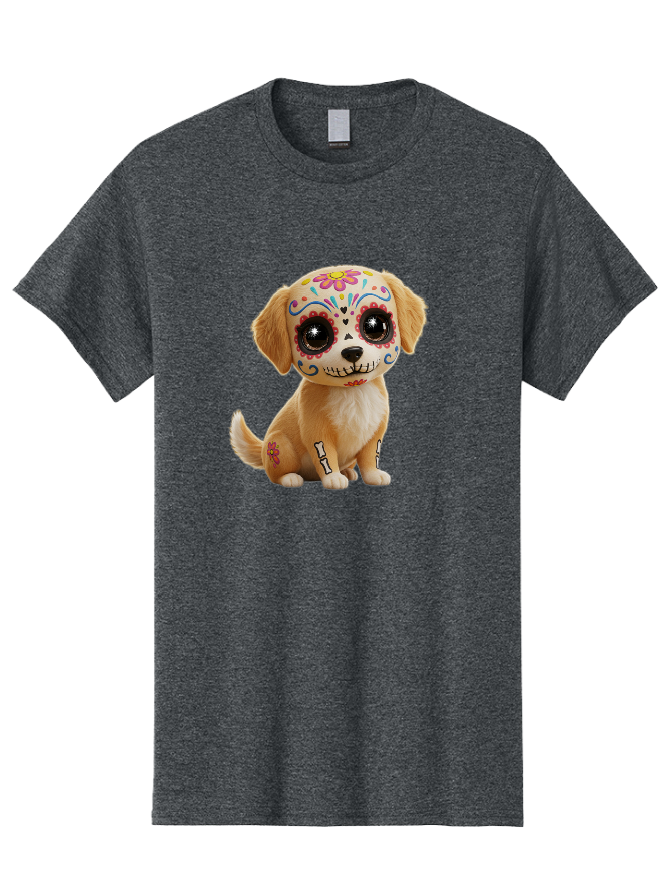 Sugar-Skull-Dog-1 Men'S Graphic Tee, 100% Cotton, Comfortable Casual Summer Wear, Machine Washable, Sugar Skull Dog, Day Of The Dead Puppy, Colorful Tattoos, Sparkly Eyes, Festive Design, Cute Animal, Decorative Art, Vibrant Patterns, Bac498 3