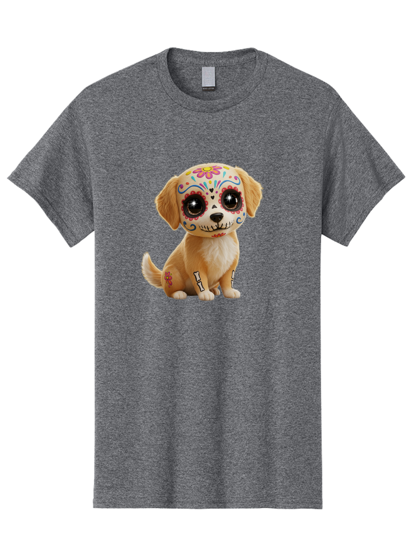 Sugar-Skull-Dog-1 Men'S Graphic Tee, 100% Cotton, Comfortable Casual Summer Wear, Machine Washable, Sugar Skull Dog, Day Of The Dead Puppy, Colorful Tattoos, Sparkly Eyes, Festive Design, Cute Animal, Decorative Art, Vibrant Patterns, Bac498 10