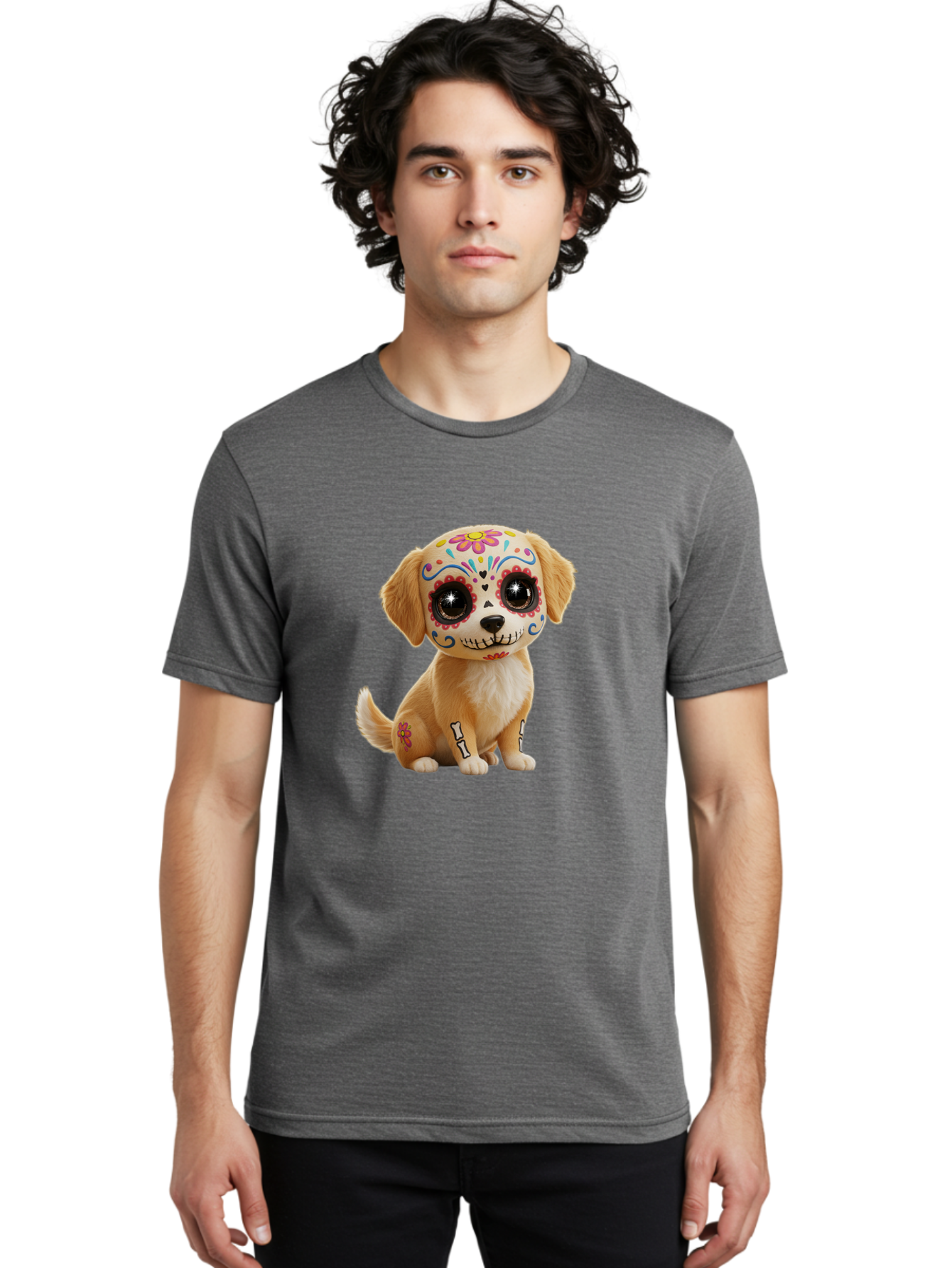 Sugar-Skull-Dog-1 Men'S Graphic Tee, 100% Cotton, Comfortable Casual Summer Wear, Machine Washable, Sugar Skull Dog, Day Of The Dead Puppy, Colorful Tattoos, Sparkly Eyes, Festive Design, Cute Animal, Decorative Art, Vibrant Patterns, Bac498 25