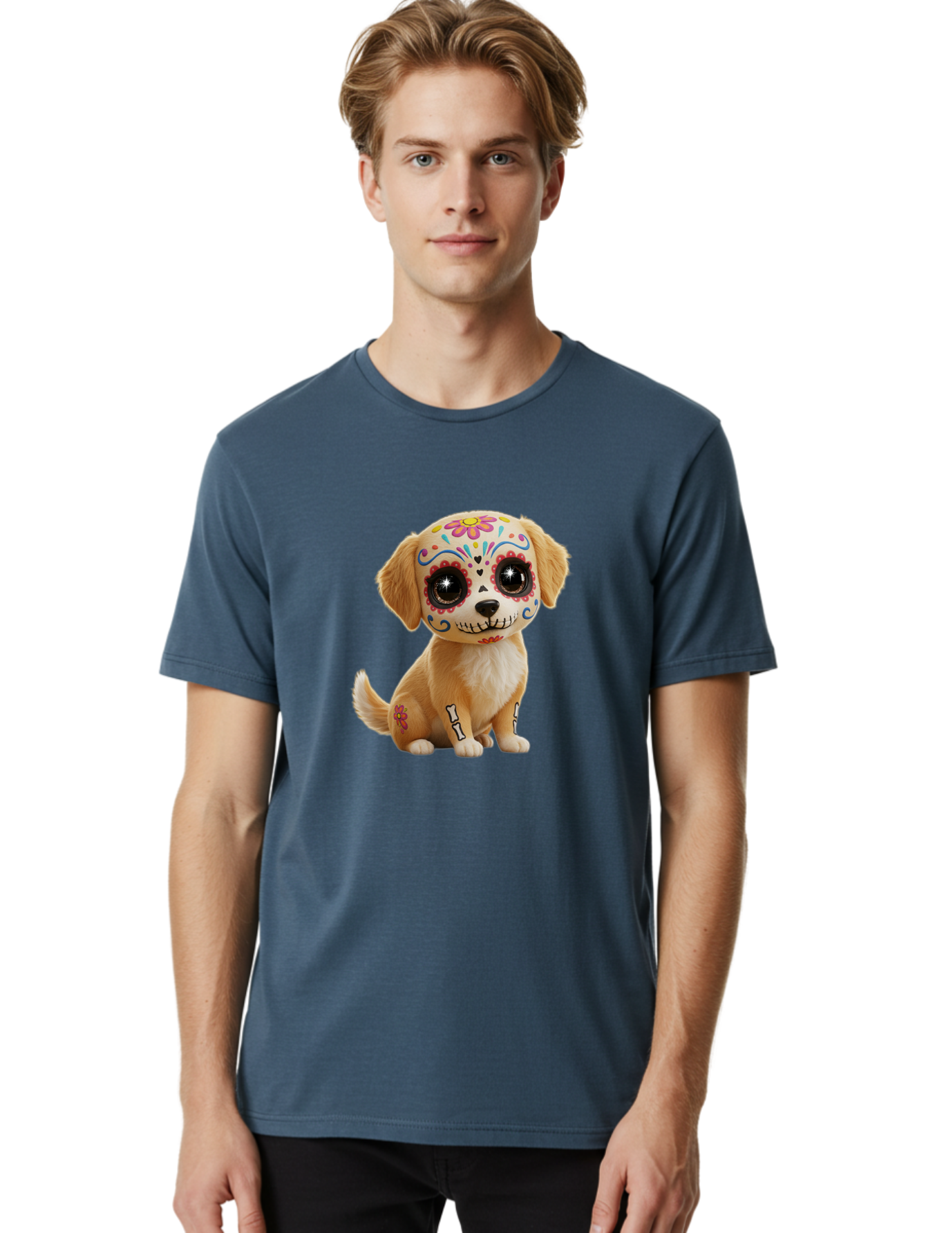 Sugar-Skull-Dog-1 Men'S Graphic Tee, 100% Cotton, Comfortable Casual Summer Wear, Machine Washable, Sugar Skull Dog, Day Of The Dead Puppy, Colorful Tattoos, Sparkly Eyes, Festive Design, Cute Animal, Decorative Art, Vibrant Patterns, Bac498 23
