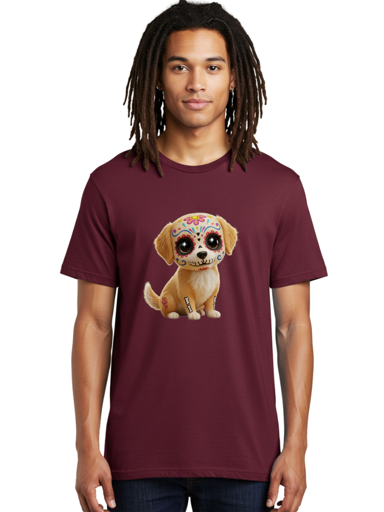 Sugar-Skull-Dog-1 Men'S Graphic Tee, 100% Cotton, Comfortable Casual Summer Wear, Machine Washable, Sugar Skull Dog, Day Of The Dead Puppy, Colorful Tattoos, Sparkly Eyes, Festive Design, Cute Animal, Decorative Art, Vibrant Patterns, Bac498 17