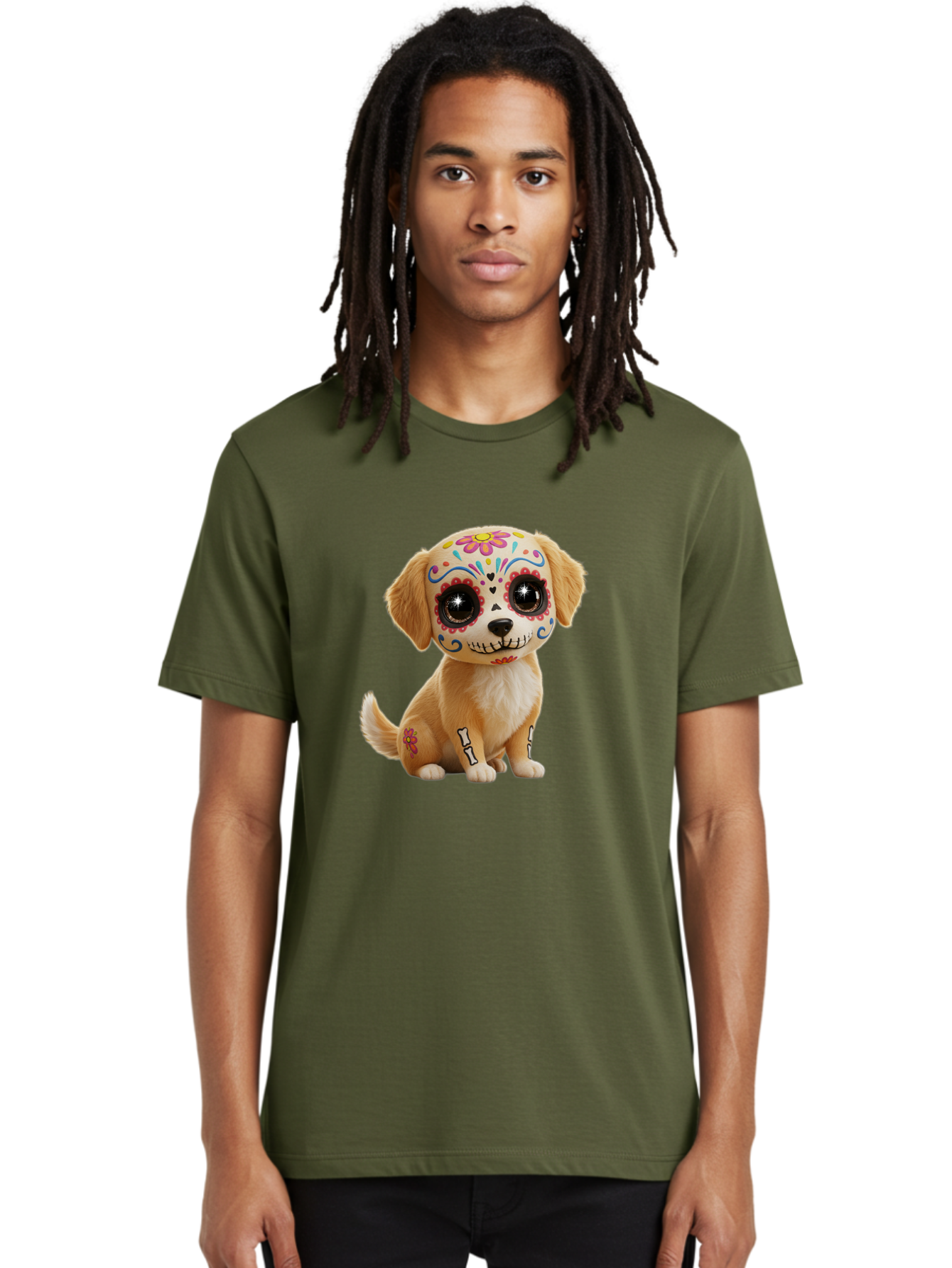 Sugar-Skull-Dog-1 Men'S Graphic Tee, 100% Cotton, Comfortable Casual Summer Wear, Machine Washable, Sugar Skull Dog, Day Of The Dead Puppy, Colorful Tattoos, Sparkly Eyes, Festive Design, Cute Animal, Decorative Art, Vibrant Patterns, Bac498 28