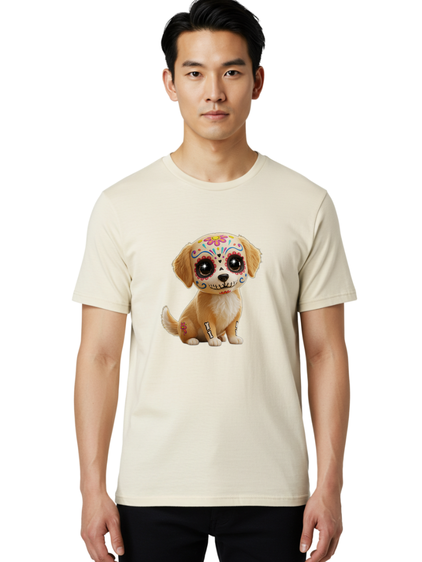 Sugar-Skull-Dog-1 Men'S Graphic Tee, 100% Cotton, Comfortable Casual Summer Wear, Machine Washable, Sugar Skull Dog, Day Of The Dead Puppy, Colorful Tattoos, Sparkly Eyes, Festive Design, Cute Animal, Decorative Art, Vibrant Patterns, Bac498 27