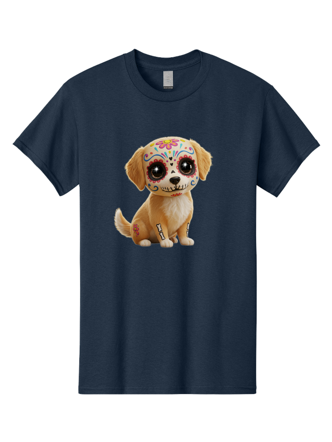 Sugar-Skull-Dog-1 Men'S Graphic Tee, 100% Cotton, Comfortable Casual Summer Wear, Machine Washable, Sugar Skull Dog, Day Of The Dead Puppy, Colorful Tattoos, Sparkly Eyes, Festive Design, Cute Animal, Decorative Art, Vibrant Patterns, Bac498 2