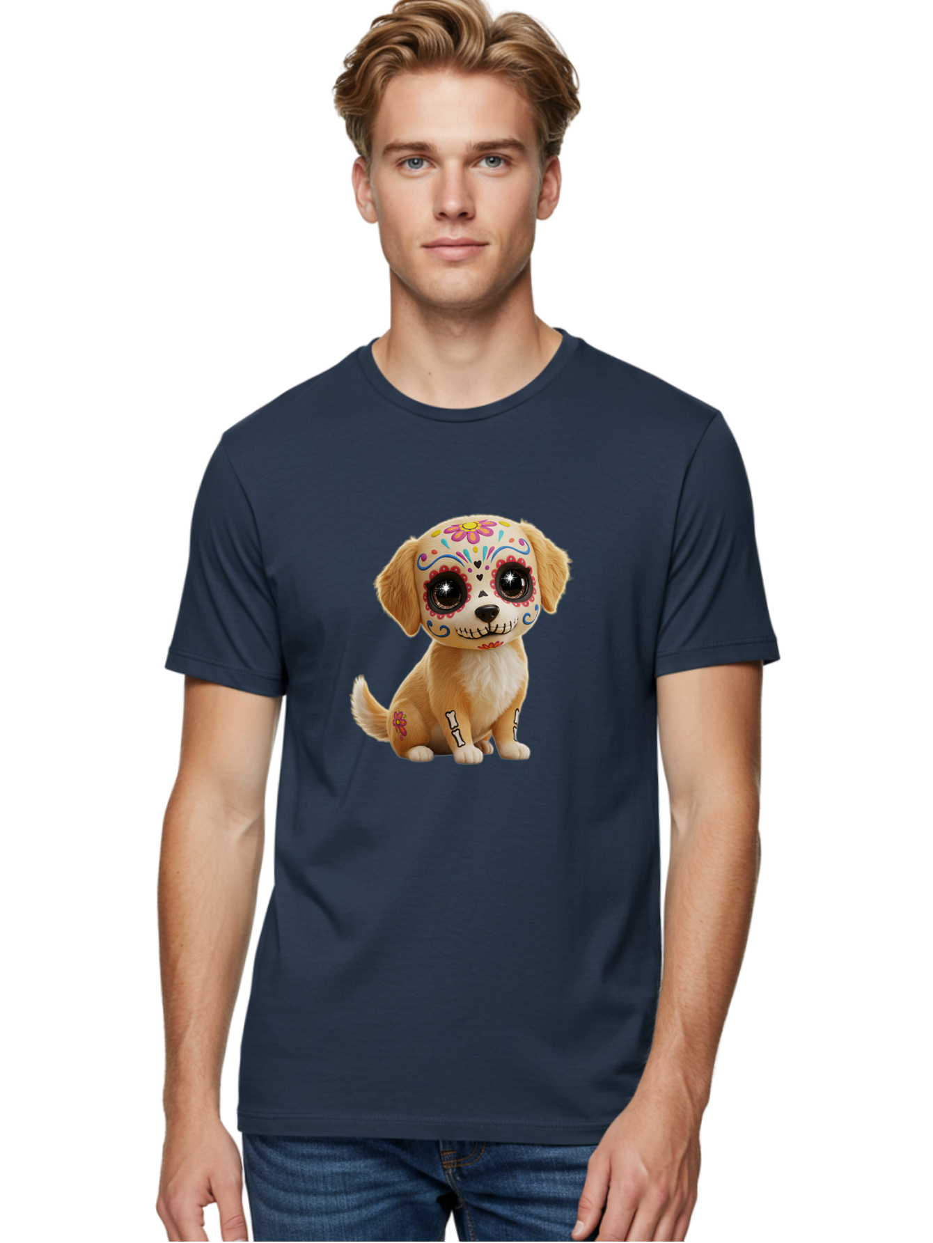 Sugar-Skull-Dog-1 Men'S Graphic Tee, 100% Cotton, Comfortable Casual Summer Wear, Machine Washable, Sugar Skull Dog, Day Of The Dead Puppy, Colorful Tattoos, Sparkly Eyes, Festive Design, Cute Animal, Decorative Art, Vibrant Patterns, Bac498 16