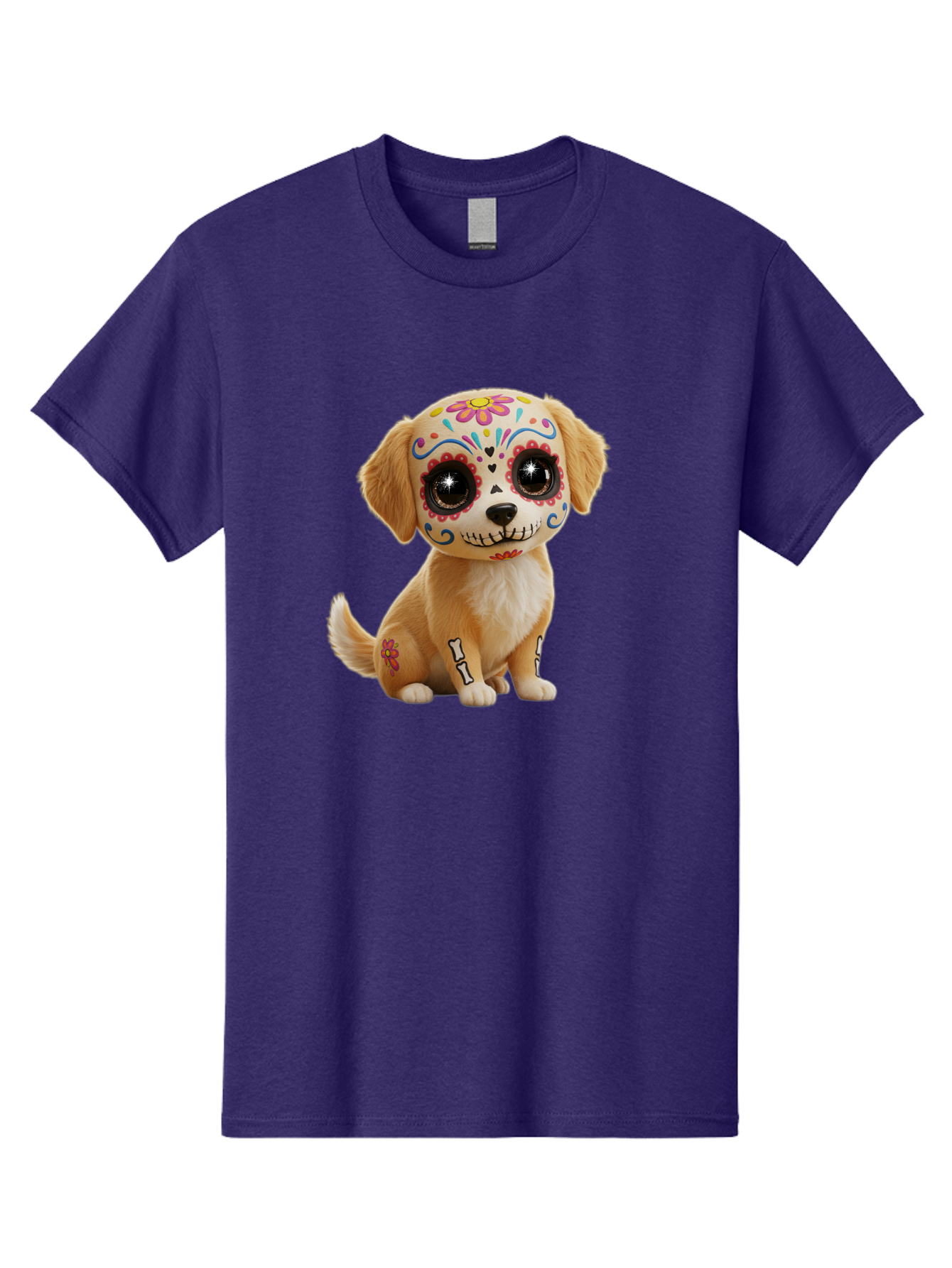 Sugar-Skull-Dog-1 Men'S Graphic Tee, 100% Cotton, Comfortable Casual Summer Wear, Machine Washable, Sugar Skull Dog, Day Of The Dead Puppy, Colorful Tattoos, Sparkly Eyes, Festive Design, Cute Animal, Decorative Art, Vibrant Patterns, Bac498 7