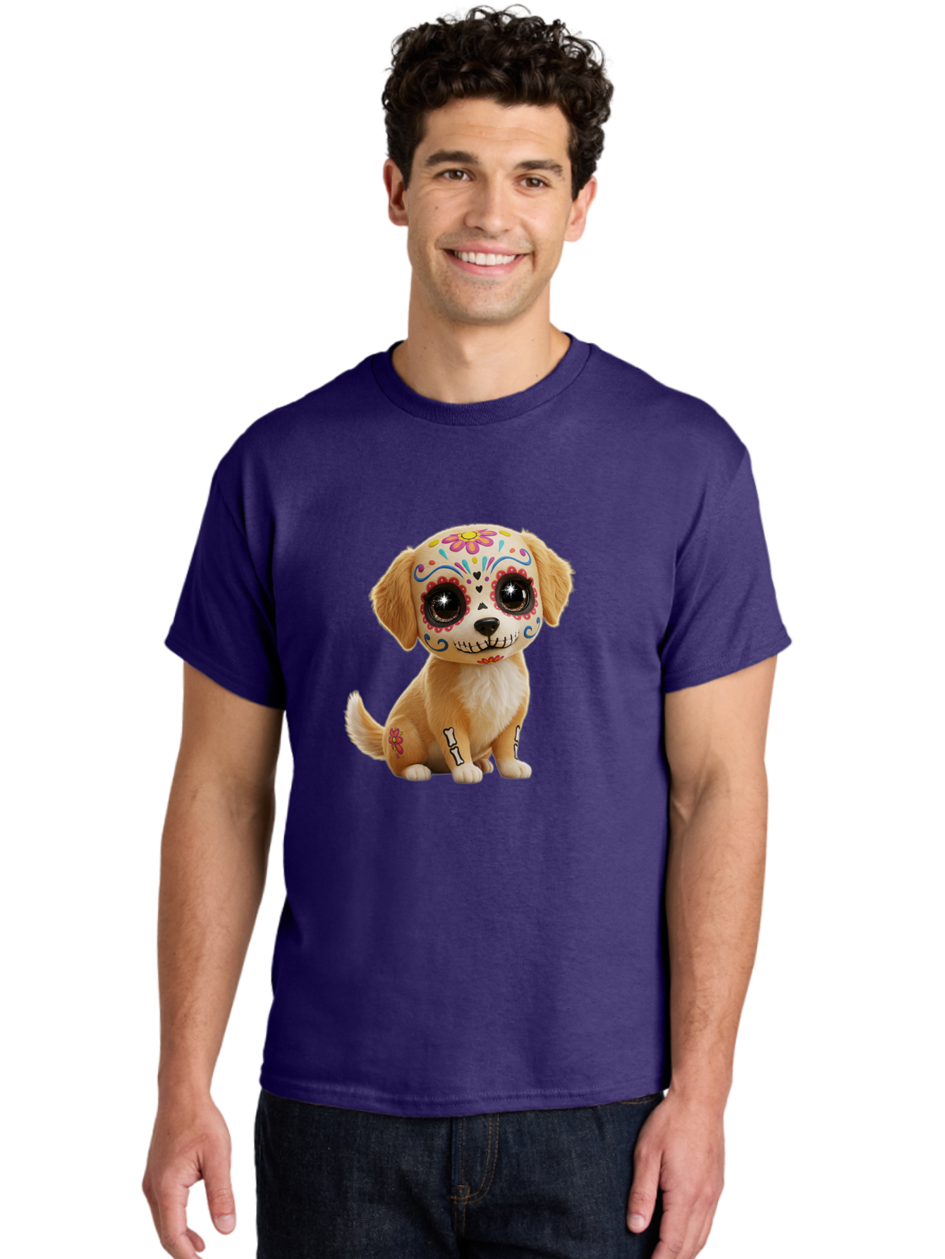Sugar-Skull-Dog-1 Men'S Graphic Tee, 100% Cotton, Comfortable Casual Summer Wear, Machine Washable, Sugar Skull Dog, Day Of The Dead Puppy, Colorful Tattoos, Sparkly Eyes, Festive Design, Cute Animal, Decorative Art, Vibrant Patterns, Bac498 22