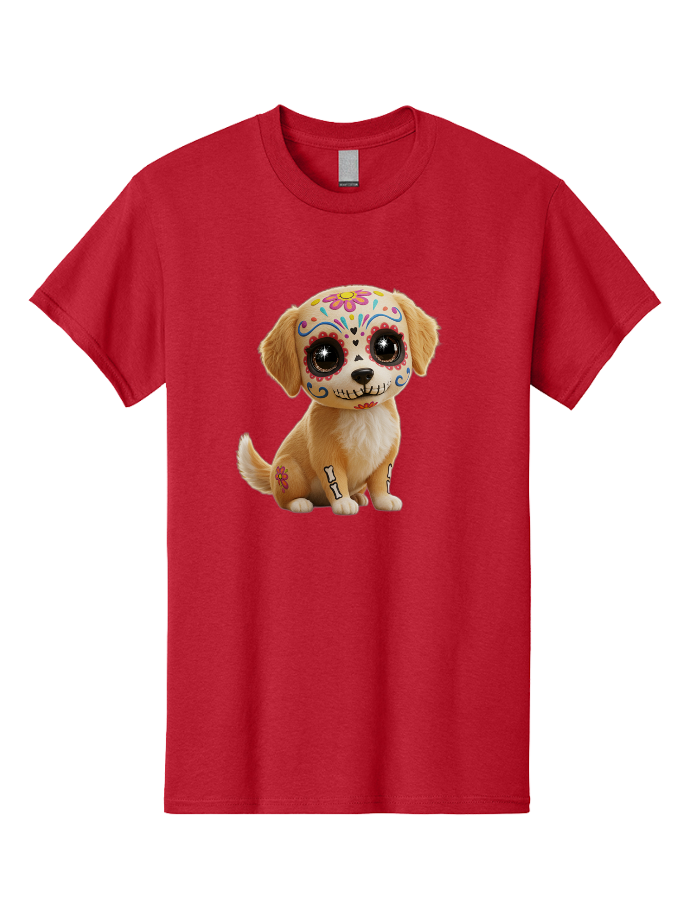 Sugar-Skull-Dog-1 Men'S Graphic Tee, 100% Cotton, Comfortable Casual Summer Wear, Machine Washable, Sugar Skull Dog, Day Of The Dead Puppy, Colorful Tattoos, Sparkly Eyes, Festive Design, Cute Animal, Decorative Art, Vibrant Patterns, Bac498 1
