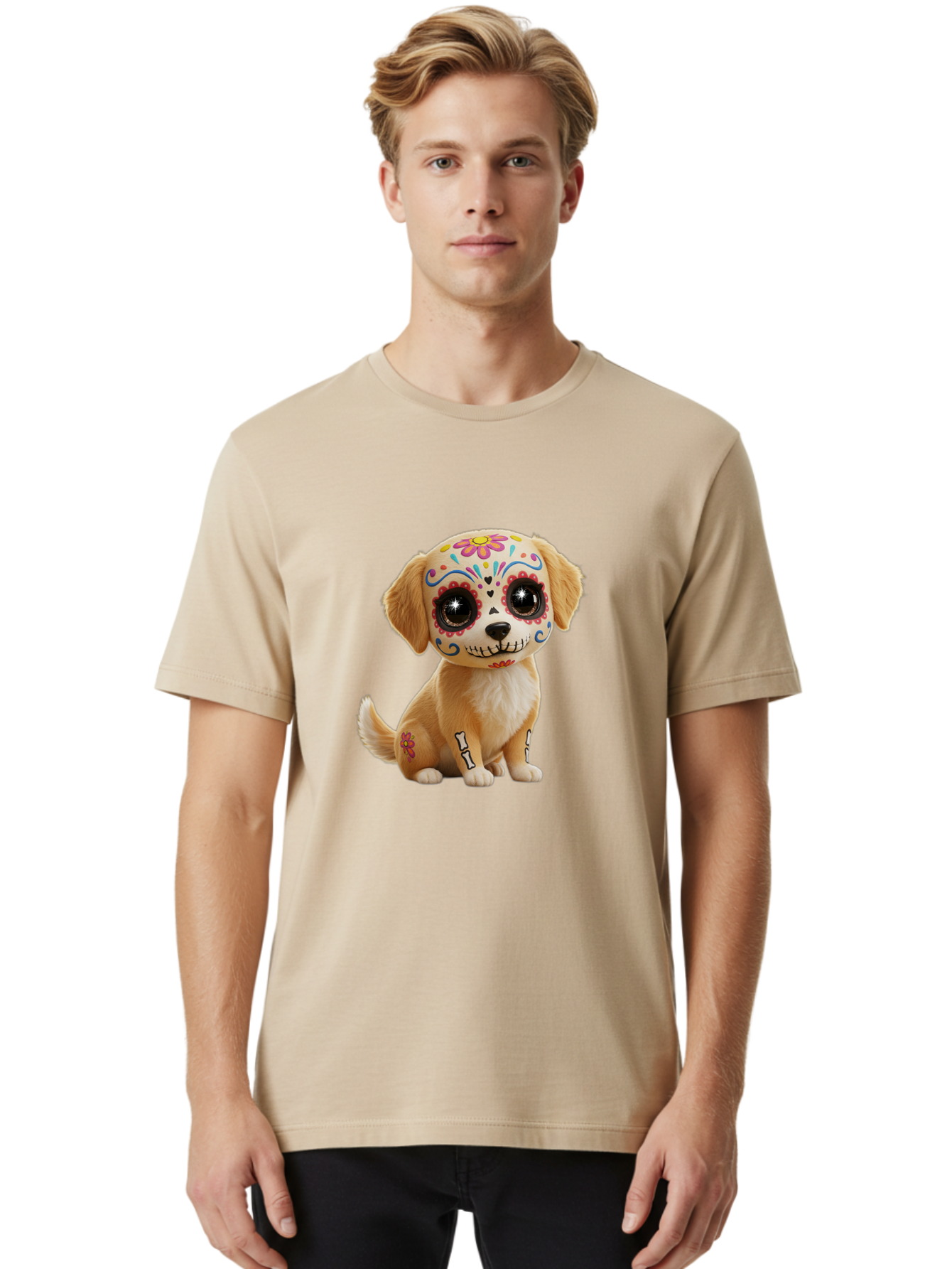 Sugar-Skull-Dog-1 Men'S Graphic Tee, 100% Cotton, Comfortable Casual Summer Wear, Machine Washable, Sugar Skull Dog, Day Of The Dead Puppy, Colorful Tattoos, Sparkly Eyes, Festive Design, Cute Animal, Decorative Art, Vibrant Patterns, Bac498 26