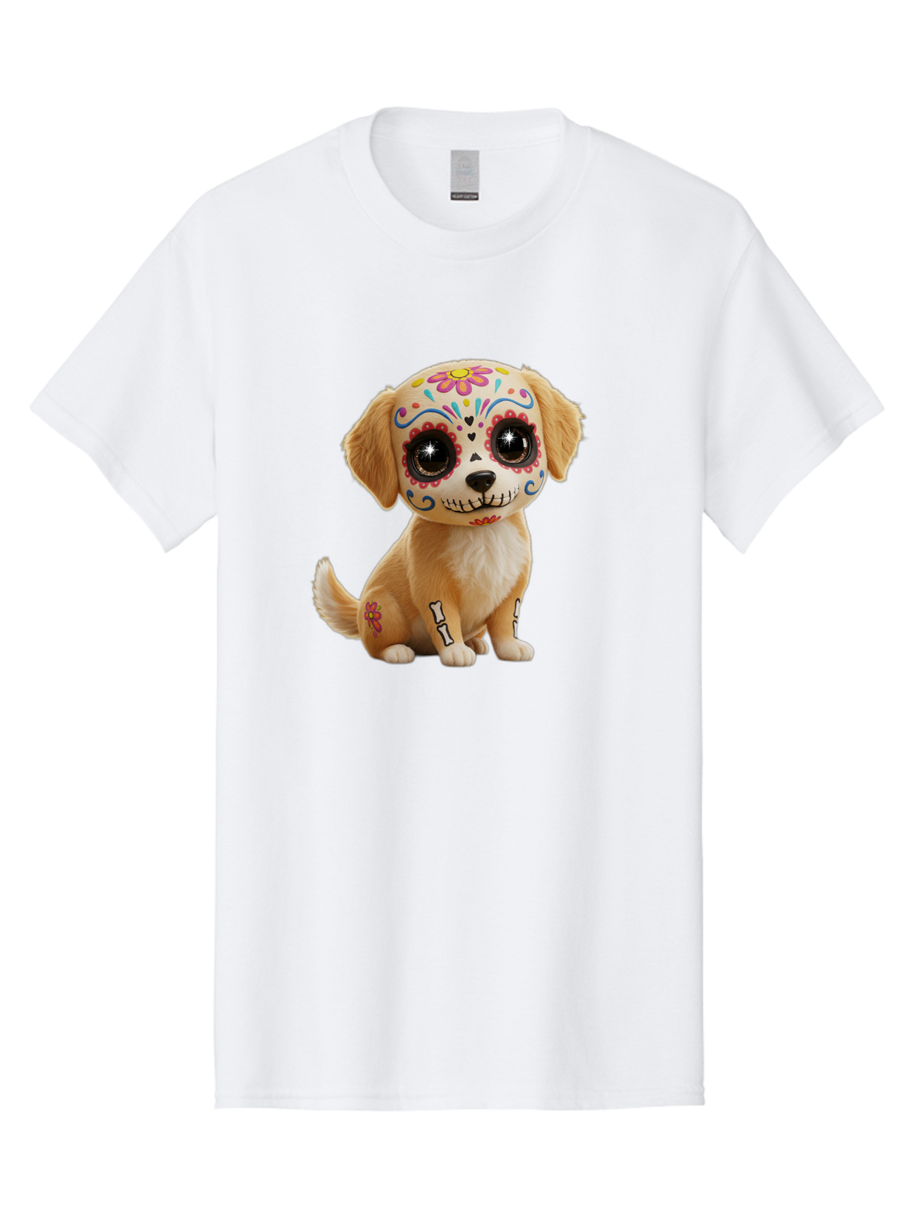 Sugar-Skull-Dog-1 Men'S Graphic Tee, 100% Cotton, Comfortable Casual Summer Wear, Machine Washable, Sugar Skull Dog, Day Of The Dead Puppy, Colorful Tattoos, Sparkly Eyes, Festive Design, Cute Animal, Decorative Art, Vibrant Patterns, Bac498 4