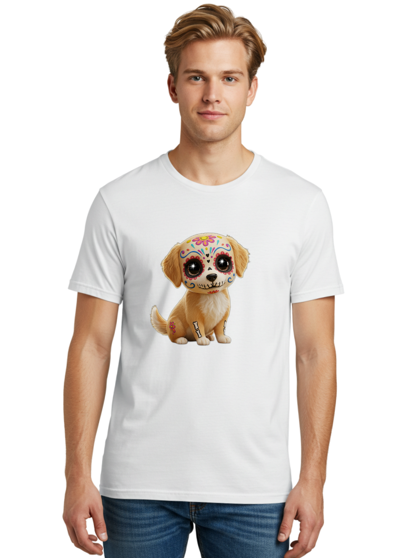 Sugar-Skull-Dog-1 Men'S Graphic Tee, 100% Cotton, Comfortable Casual Summer Wear, Machine Washable, Sugar Skull Dog, Day Of The Dead Puppy, Colorful Tattoos, Sparkly Eyes, Festive Design, Cute Animal, Decorative Art, Vibrant Patterns, Bac498 19