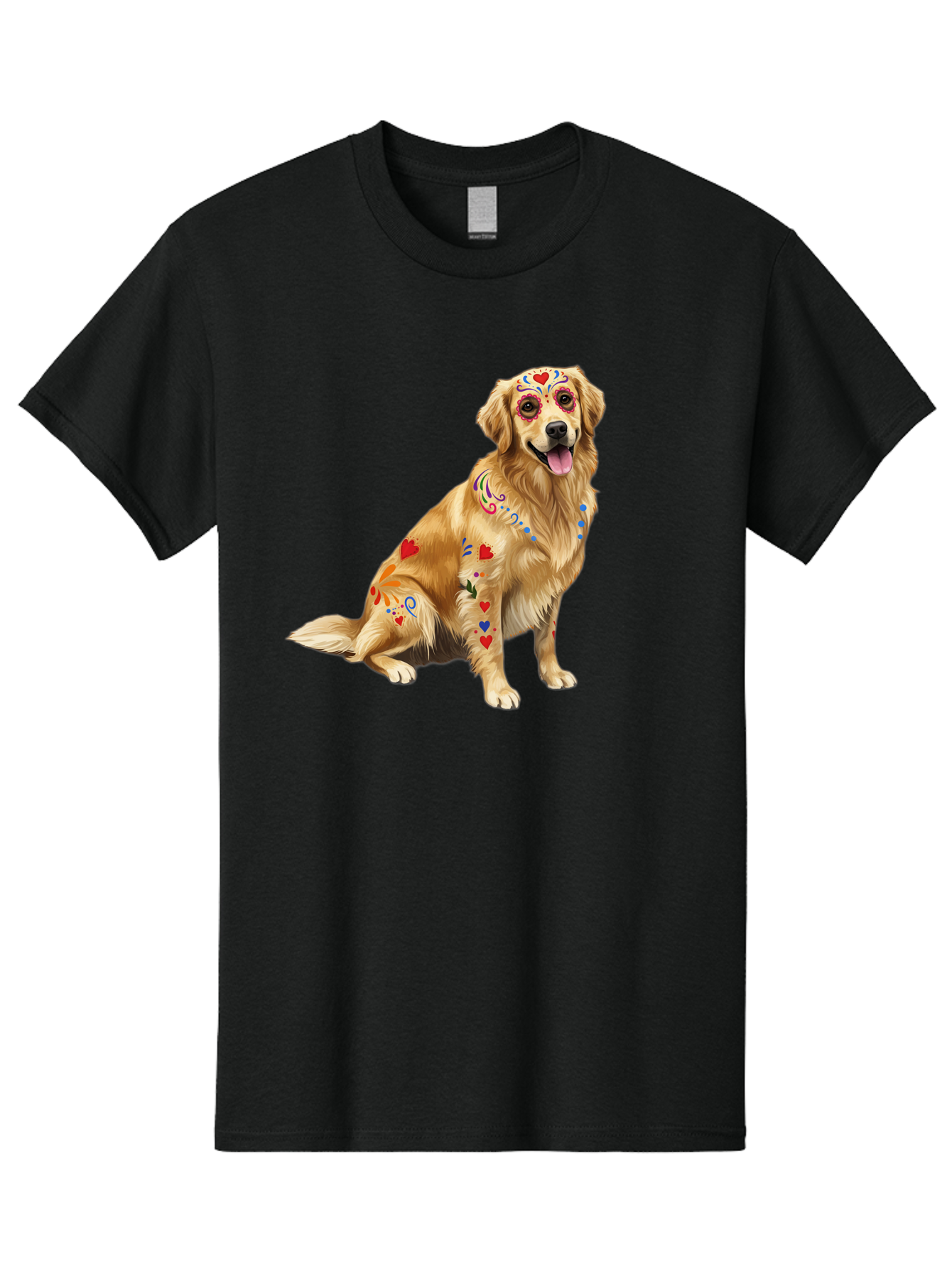 Sugar-Skull-Dog Men'S Graphic Tee, 100% Cotton, Comfortable Casual Summer Wear, Machine Washable, Golden Retriever, Sugar Skull Design, Colorful Tattoos, Heart Patterns, Festive Decoration, Dia De Los Muertos, Vibrant Artwork, Dog Portrait, Bac499 4