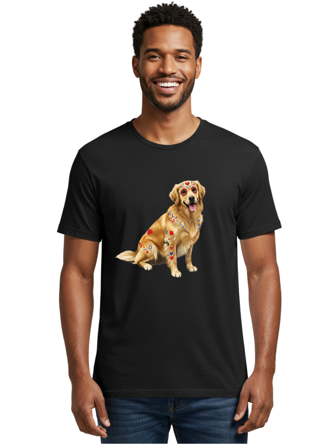 Sugar-Skull-Dog Men'S Graphic Tee, 100% Cotton, Comfortable Casual Summer Wear, Machine Washable, Golden Retriever, Sugar Skull Design, Colorful Tattoos, Heart Patterns, Festive Decoration, Dia De Los Muertos, Vibrant Artwork, Dog Portrait, Bac499 19