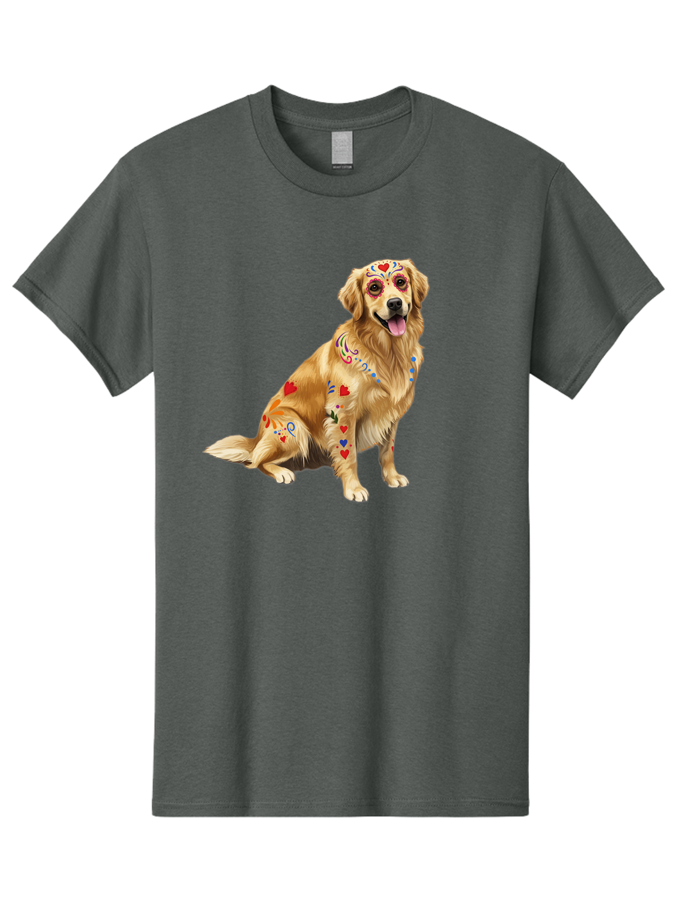 Sugar-Skull-Dog Men'S Graphic Tee, 100% Cotton, Comfortable Casual Summer Wear, Machine Washable, Golden Retriever, Sugar Skull Design, Colorful Tattoos, Heart Patterns, Festive Decoration, Dia De Los Muertos, Vibrant Artwork, Dog Portrait, Bac499 12